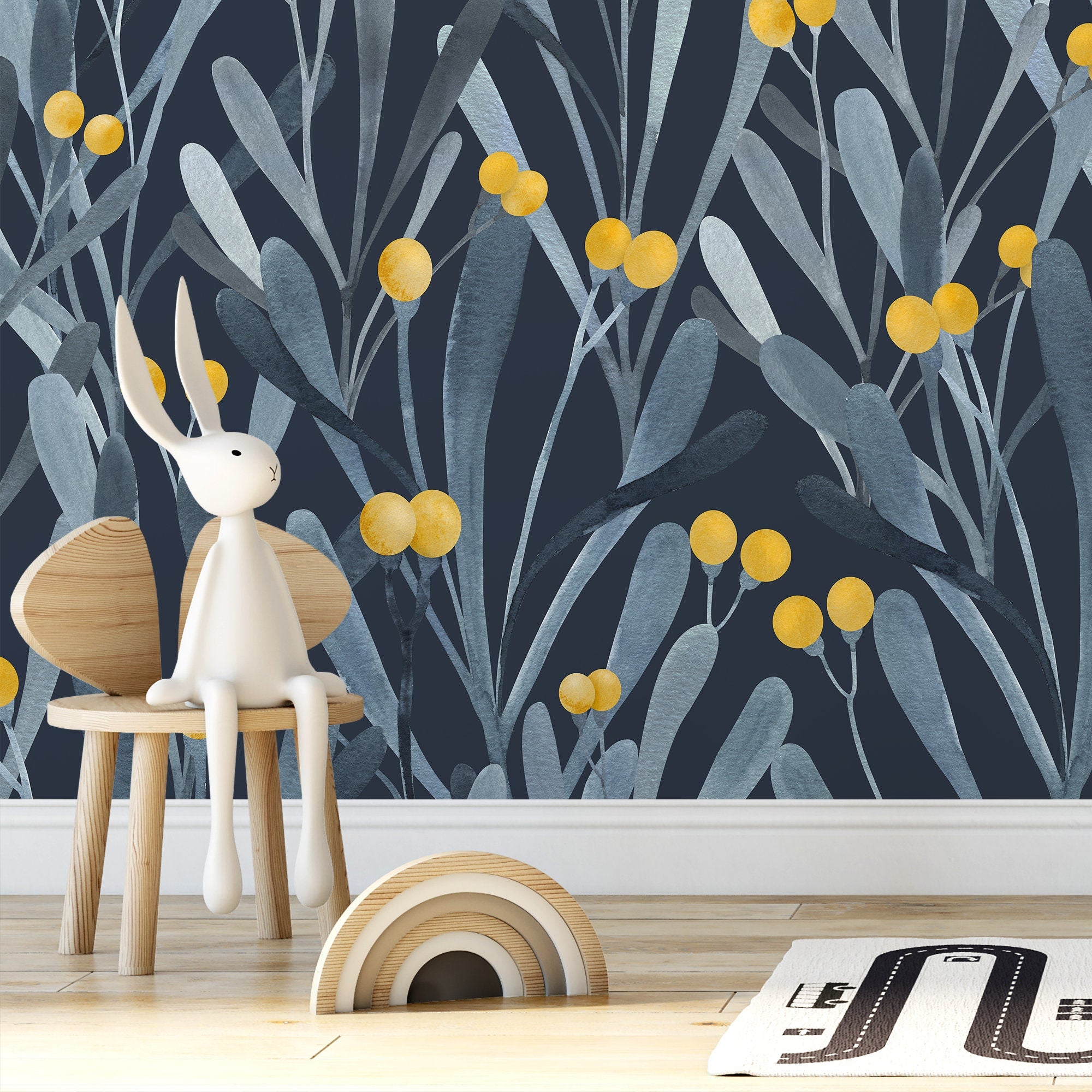Botanical Wallpaper With Watercolor Leaves And Berries In Blue, Gray, And Yellow - X060