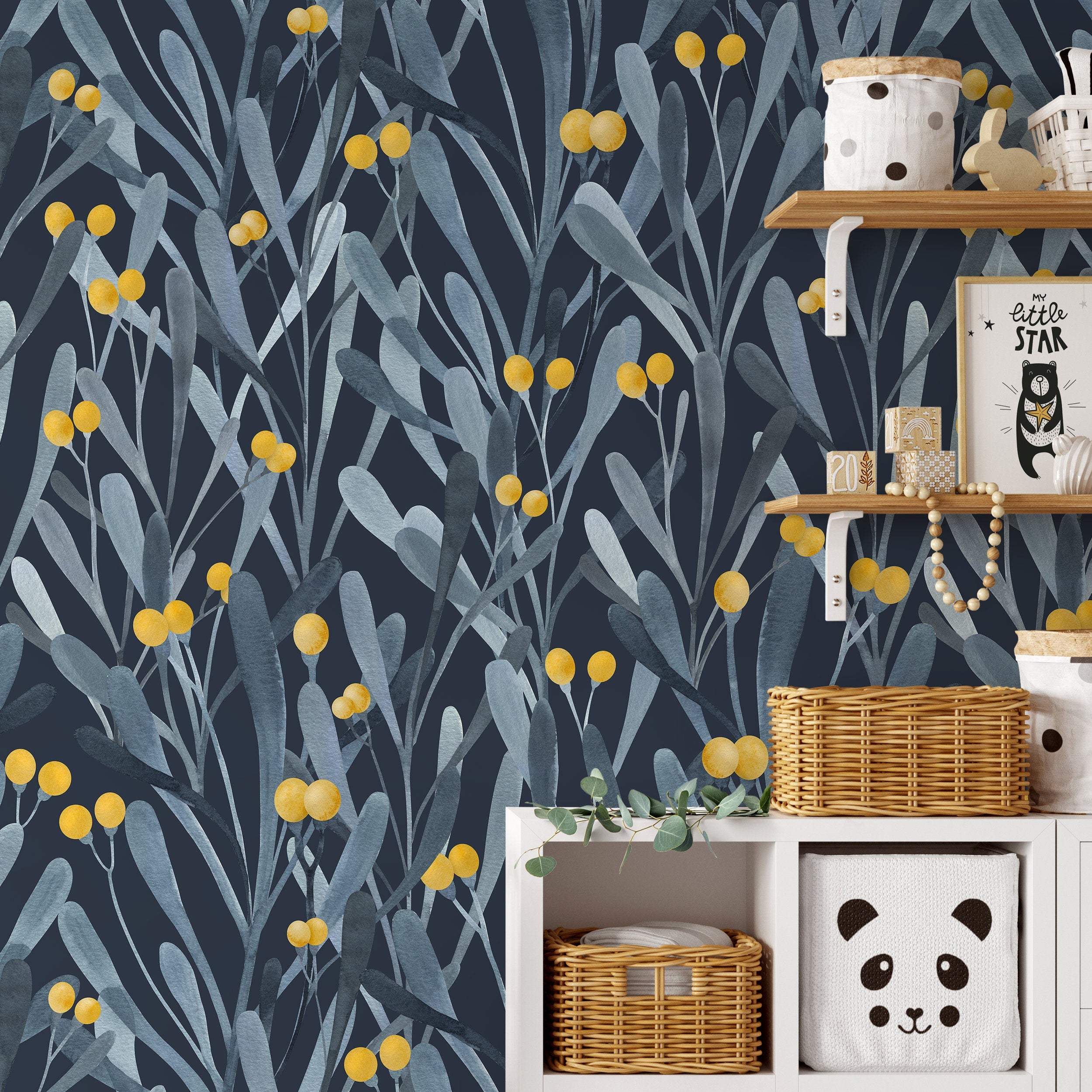 Botanical Wallpaper With Watercolor Leaves And Berries In Blue, Gray, And Yellow - X060