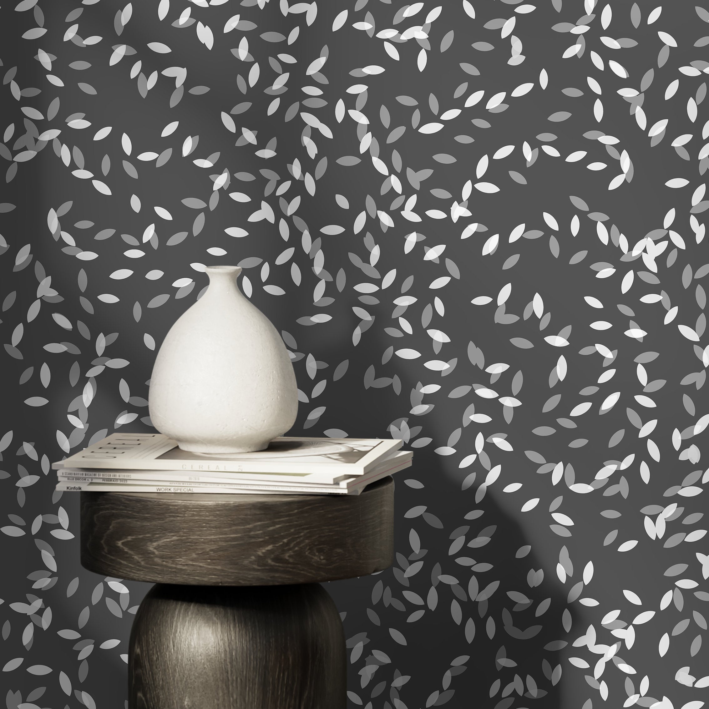 Foliage Wallpaper With A Scattered Leaf Motif In White And Gray - X074