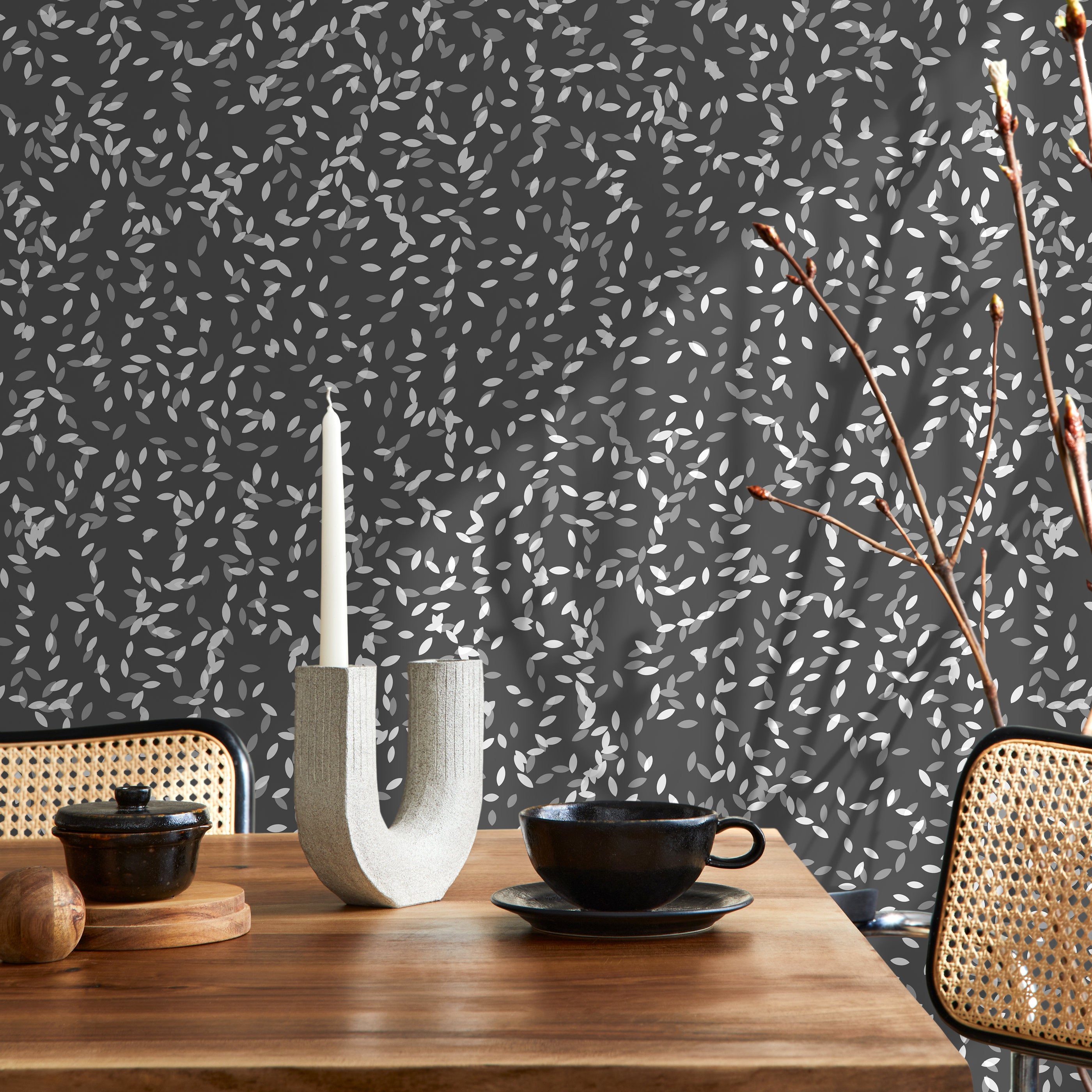 Foliage Wallpaper With A Scattered Leaf Motif In White And Gray - X074