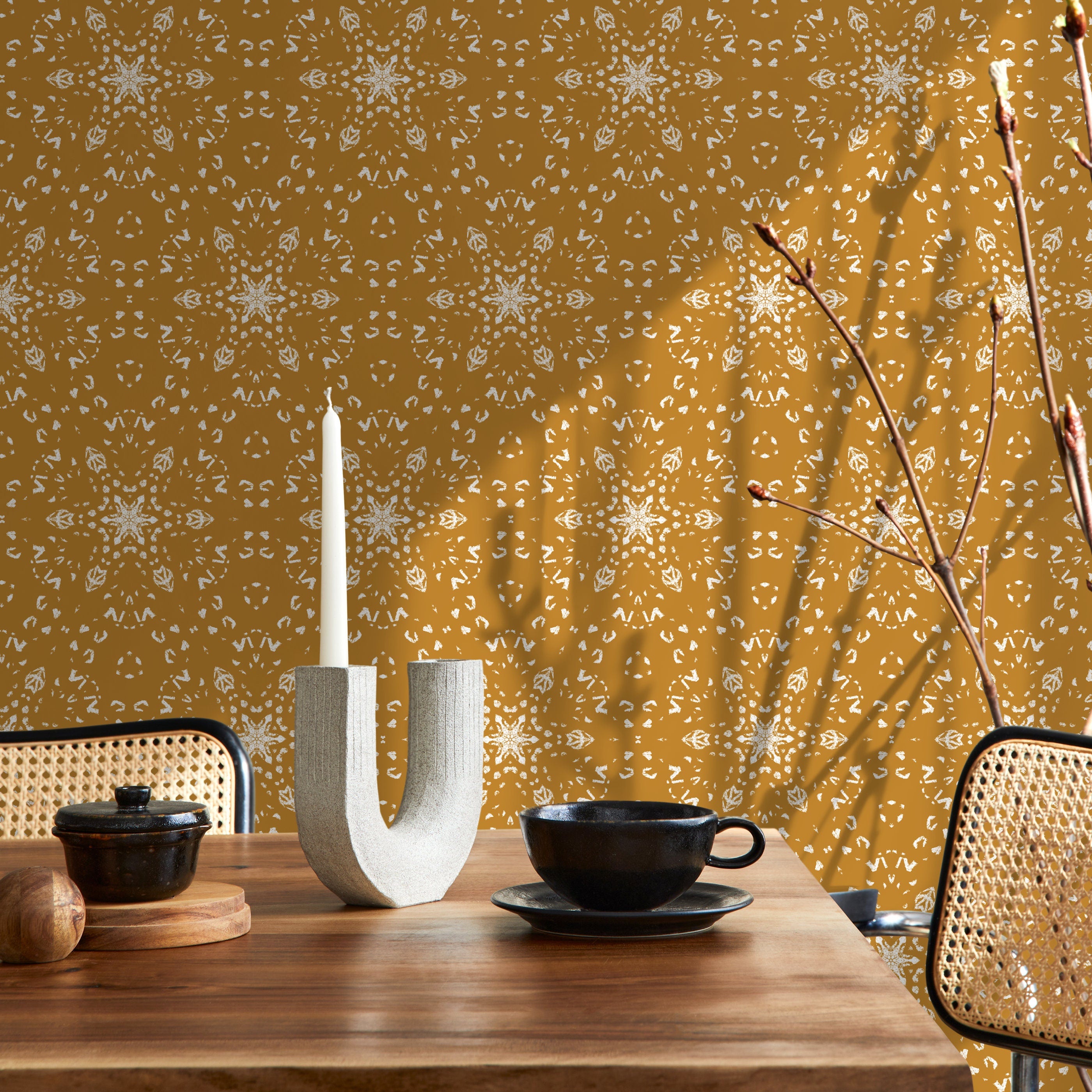 Geometric Wallpaper With A Stamped Medallion Motif In Mustard Yellow - X084