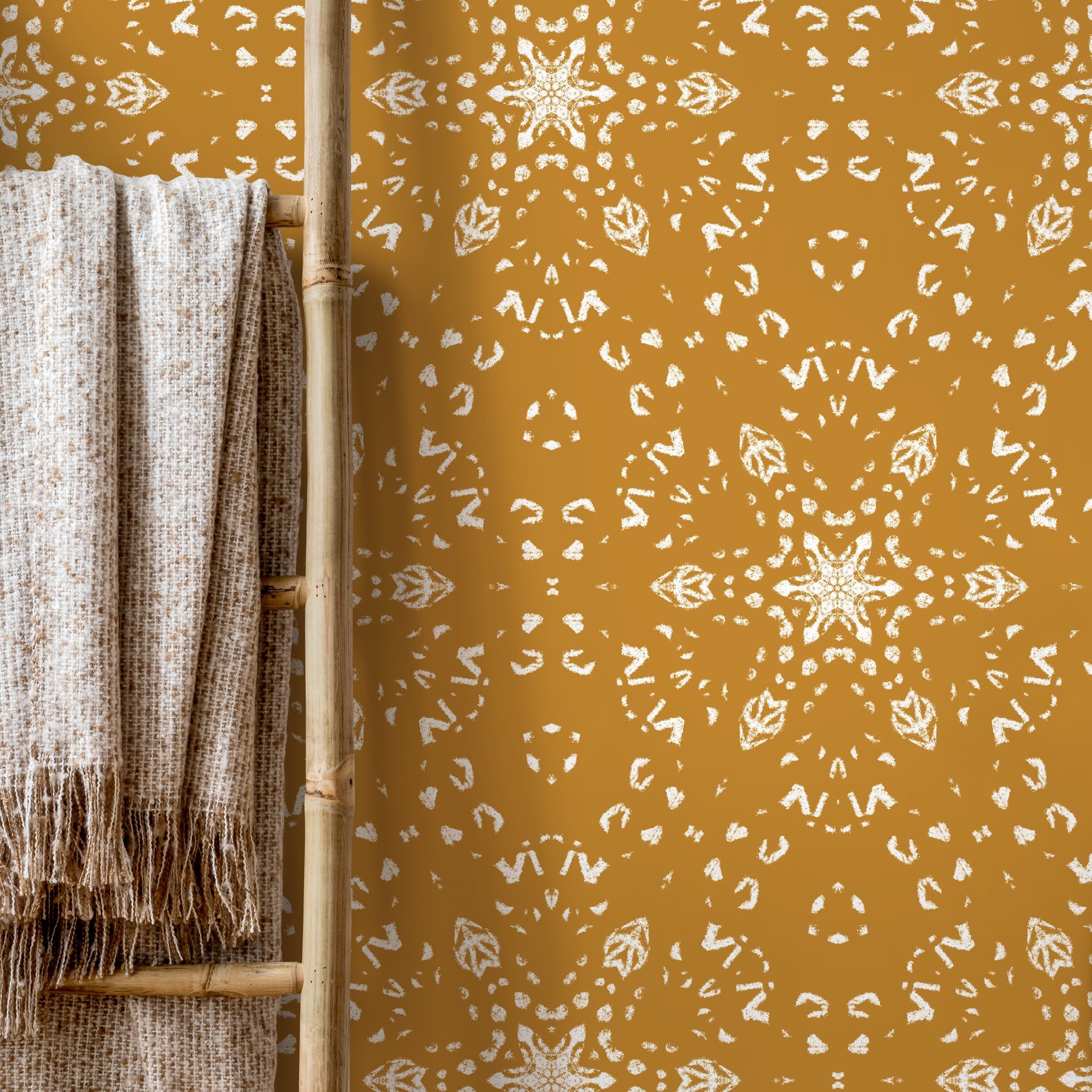Geometric Wallpaper With A Stamped Medallion Motif In Mustard Yellow - X084