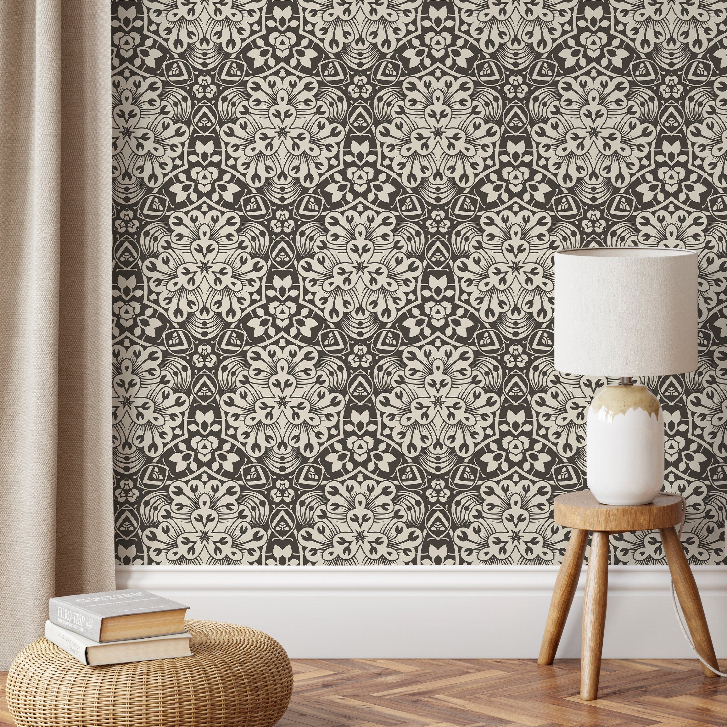 Tile Wallpaper With A Portuguese Azulejo Motif In Black And Beige - X092