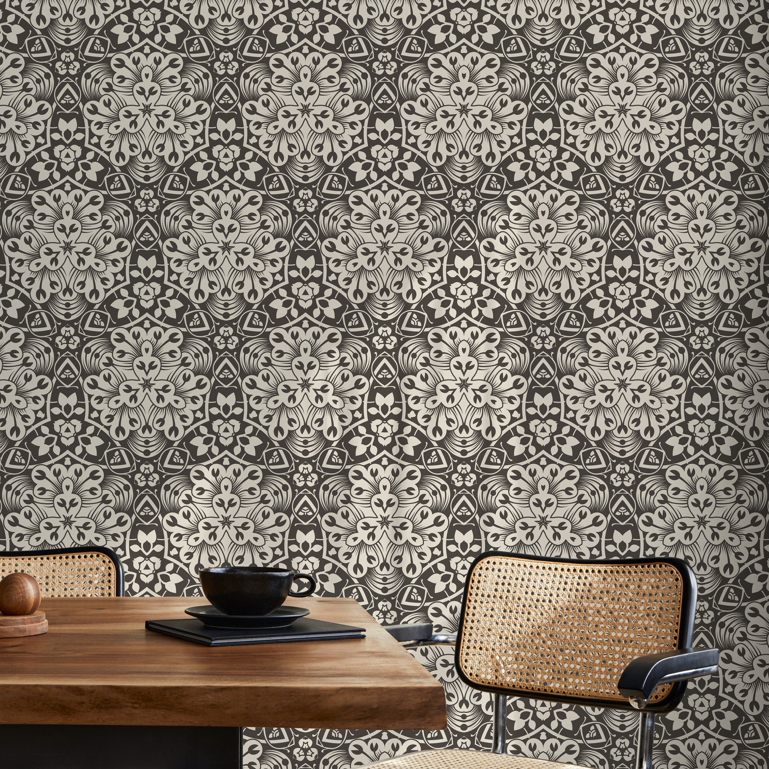 Tile Wallpaper With A Portuguese Azulejo Motif In Black And Beige - X092
