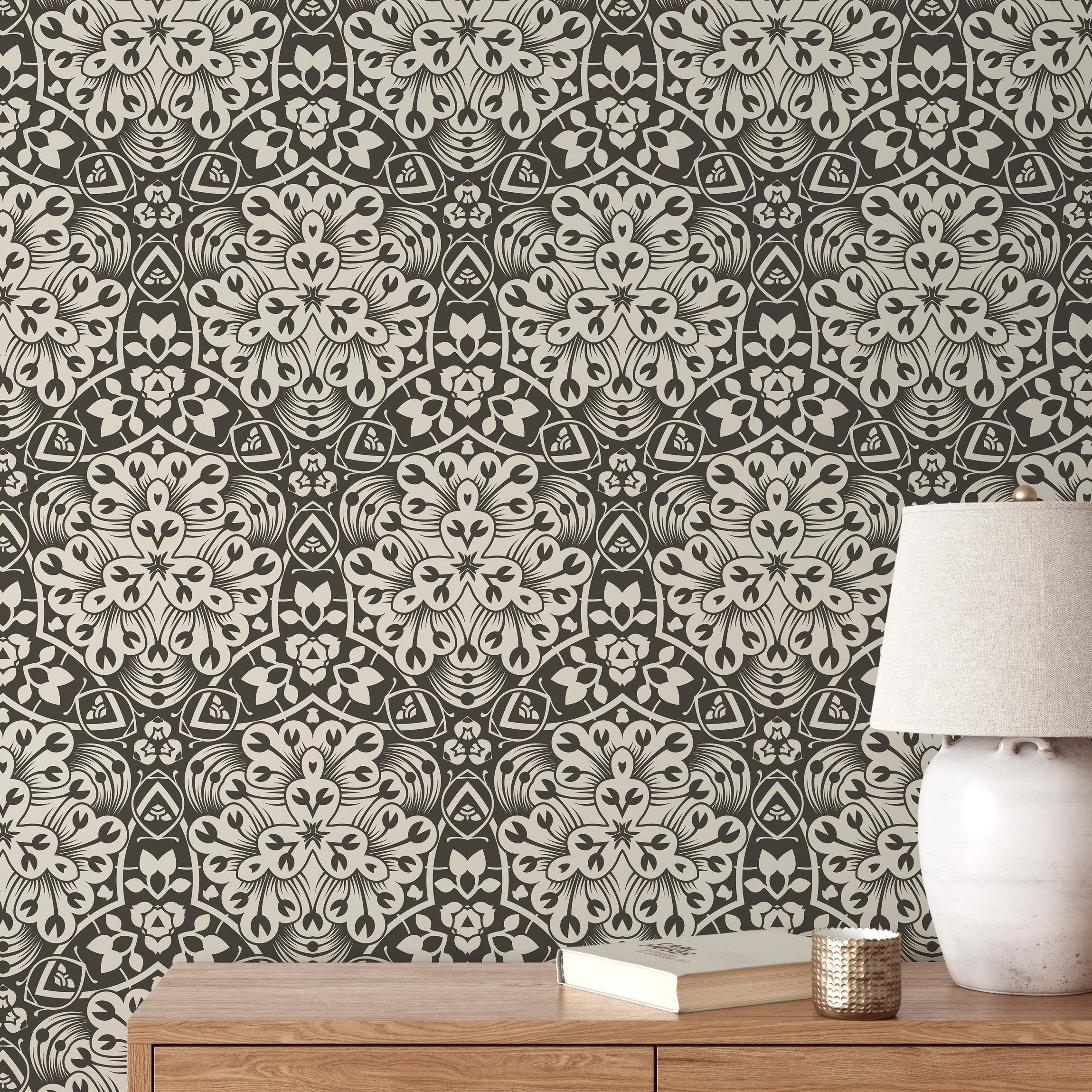 Tile Wallpaper With A Portuguese Azulejo Motif In Black And Beige - X092
