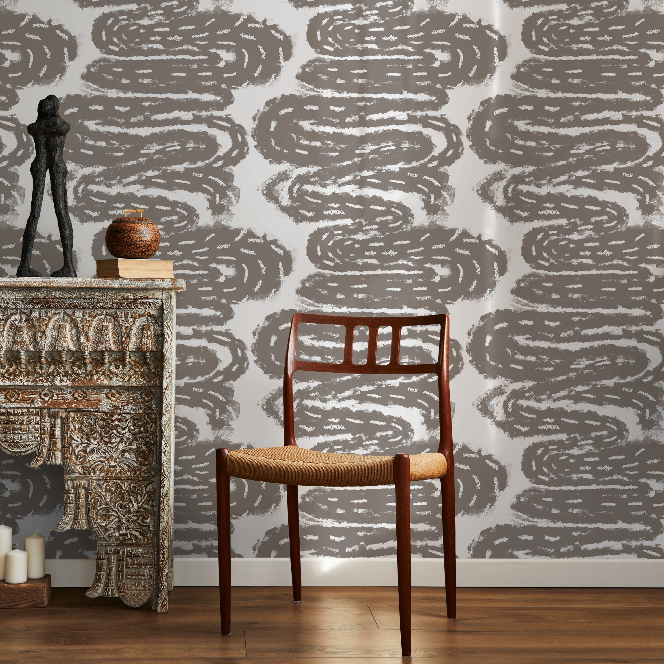 Abstract Wallpaper With Winding Brush Strokes In Taupe - X112