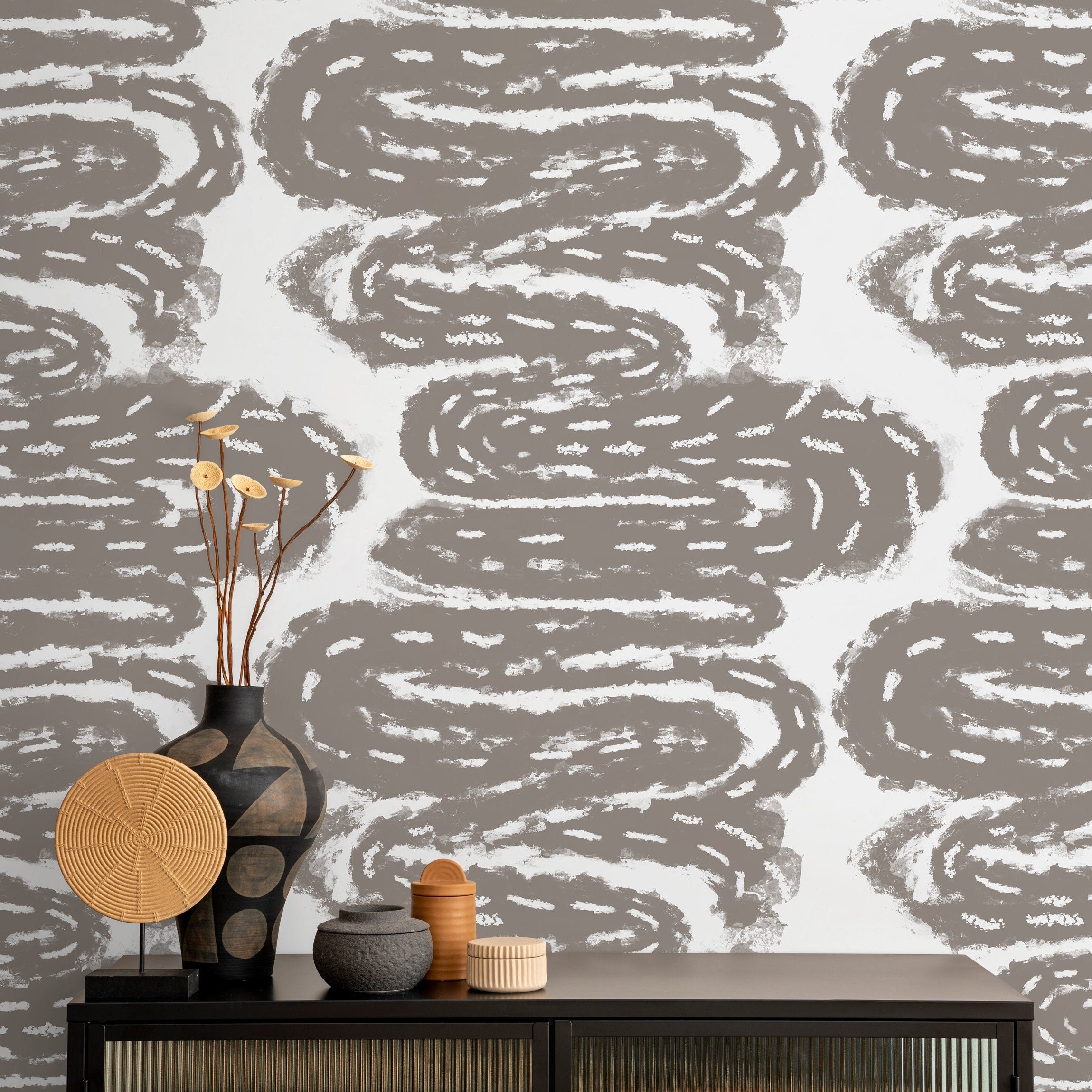 Abstract Wallpaper With Winding Brush Strokes In Taupe - X112