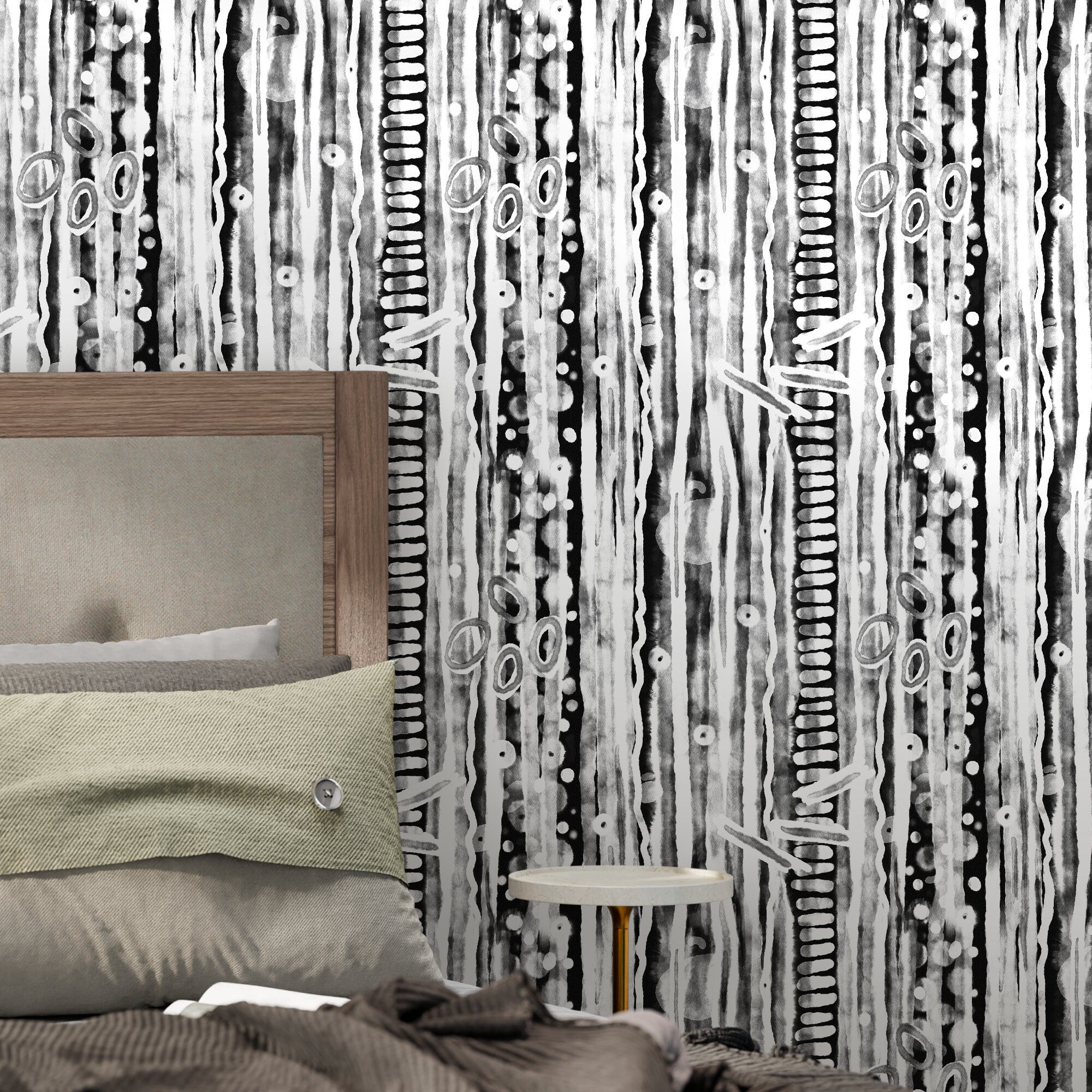 Abstract Wallpaper With Watercolor Stripes And Circles In Black And White - X117