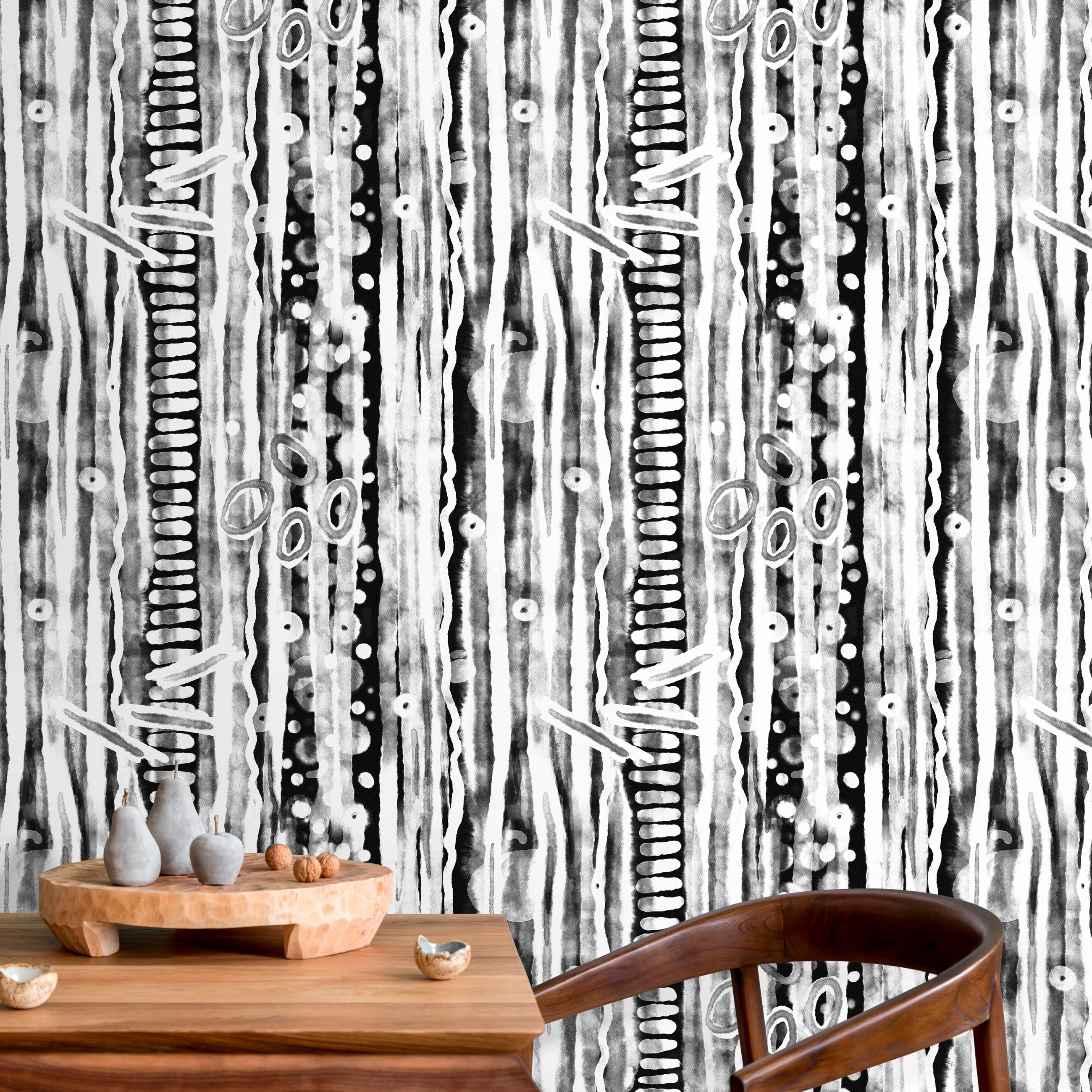 Abstract Wallpaper With Watercolor Stripes And Circles In Black And White - X117