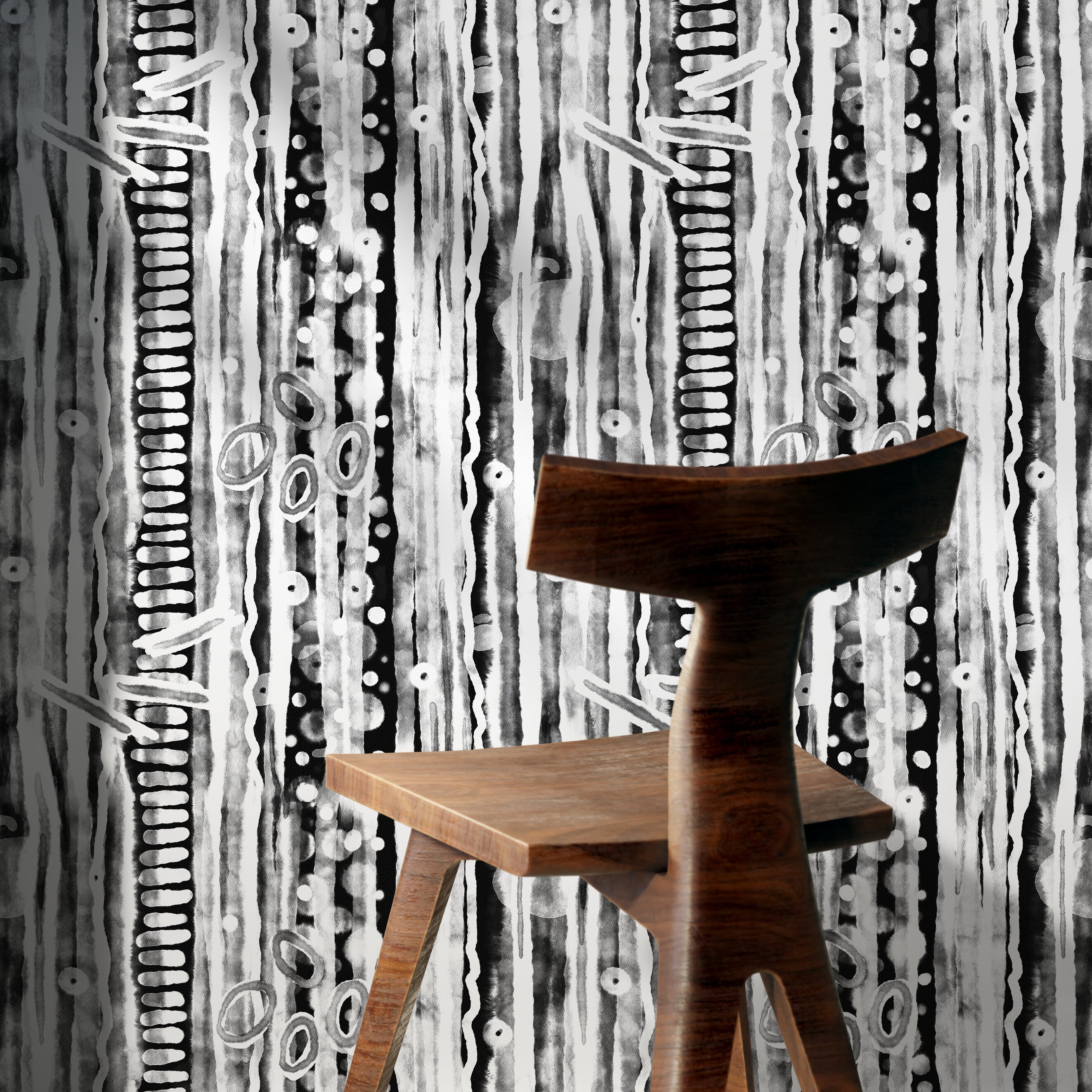 Abstract Wallpaper With Watercolor Stripes And Circles In Black And White - X117