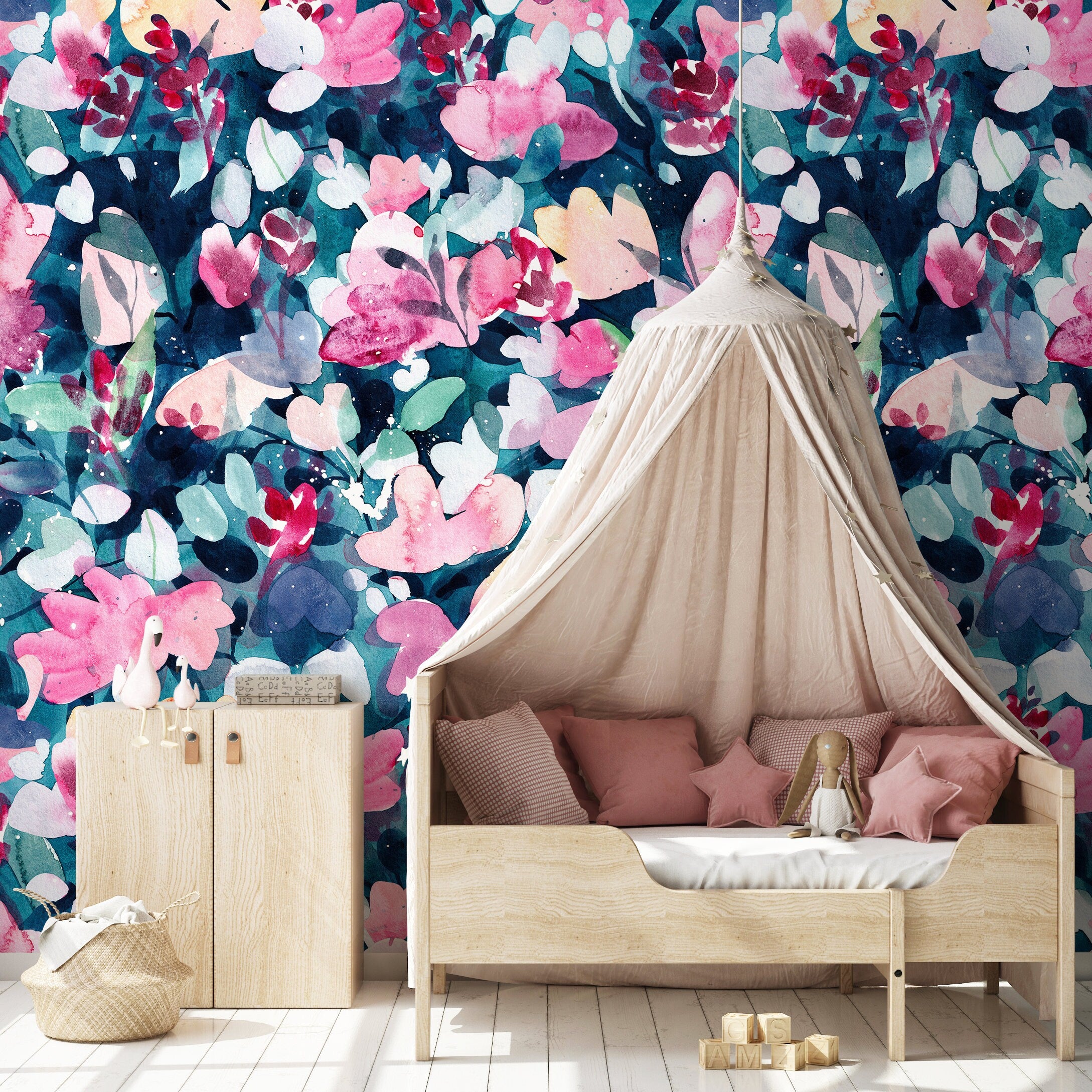 Floral Wallpaper With A Painterly Watercolor Motif In Pink, Teal, And Blue - X149