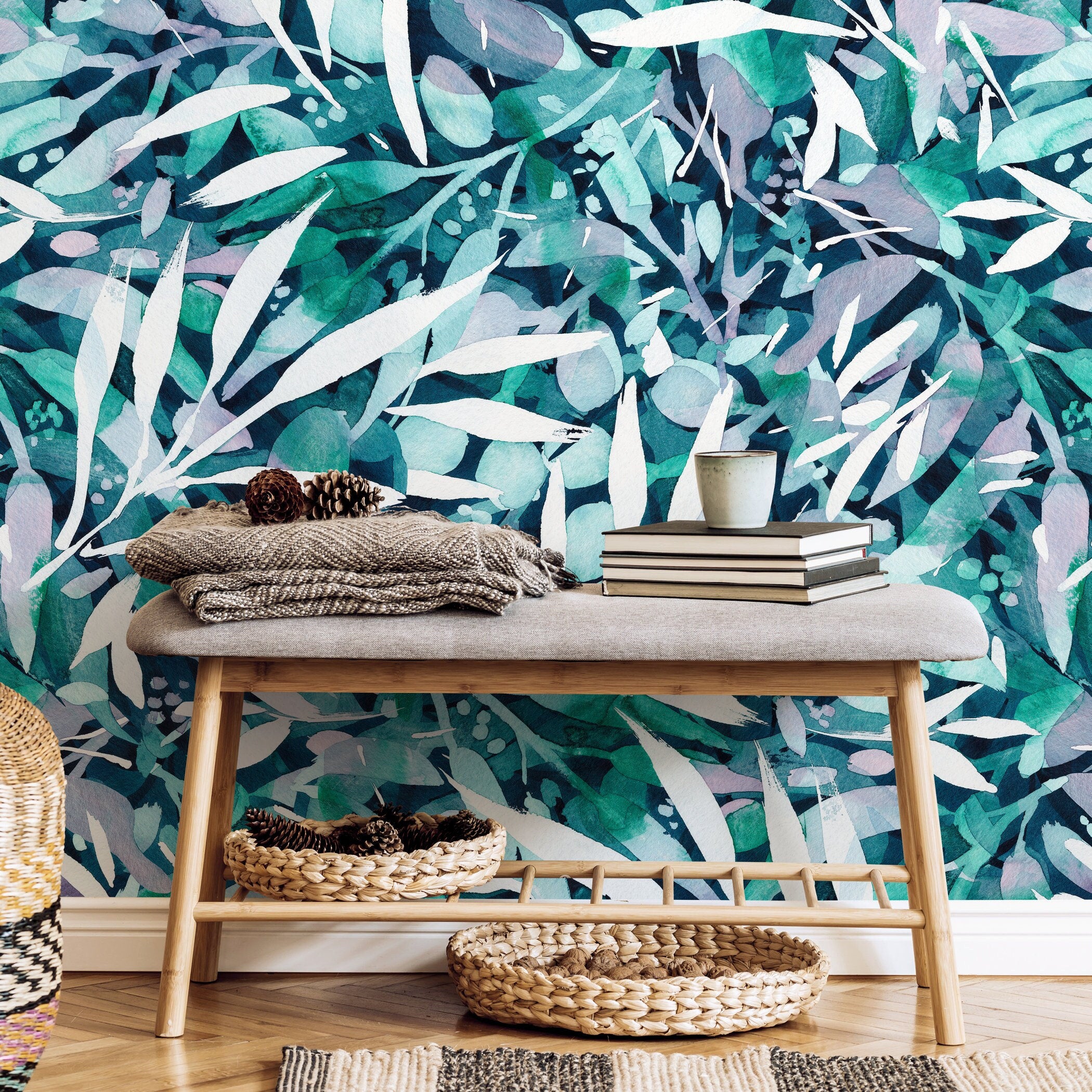 Abstract Botanical Wallpaper With Painterly Leaves In Teal, Green, And Lavender - X150