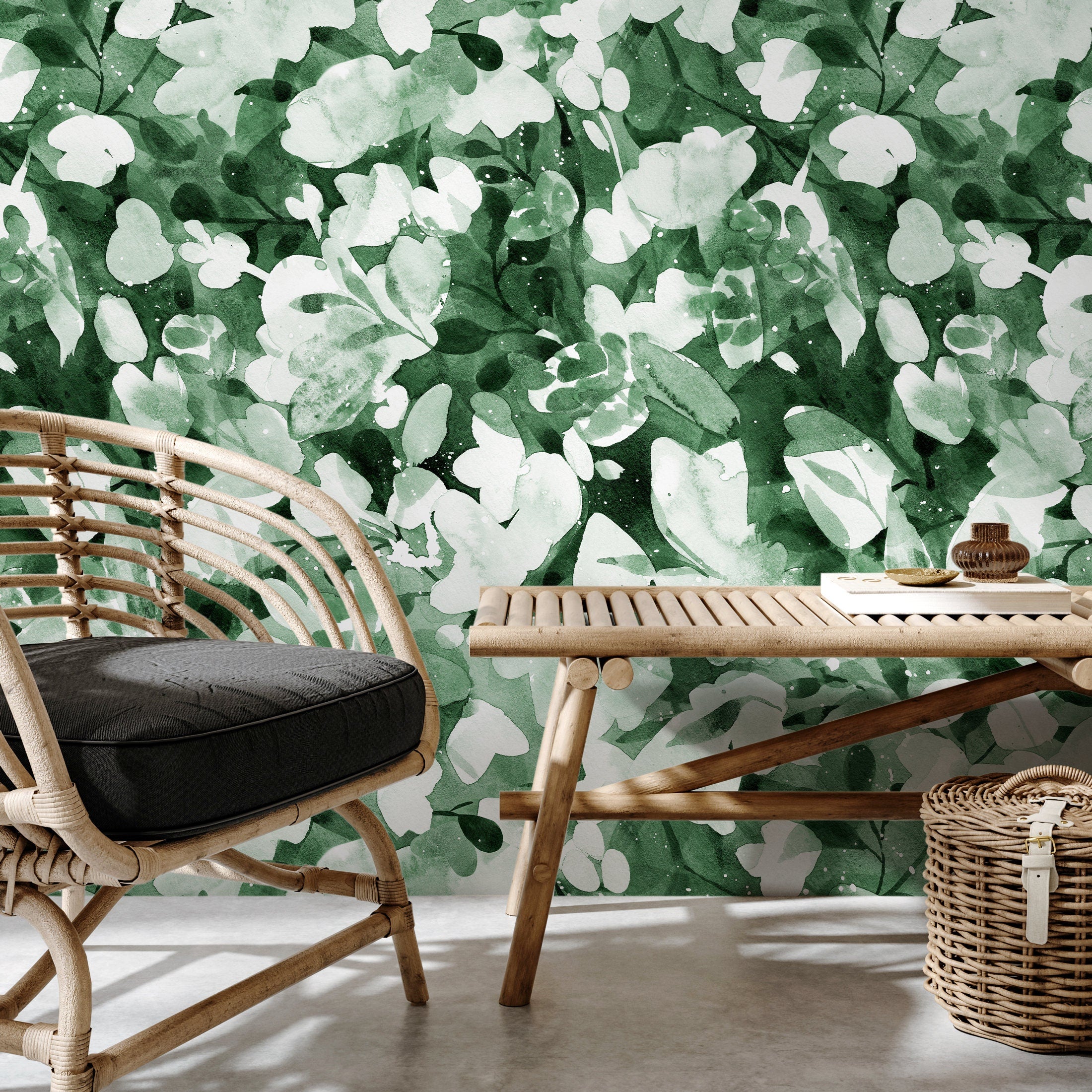 Watercolor Wallpaper With Abstract Botanical Leaves In Green And White - X152