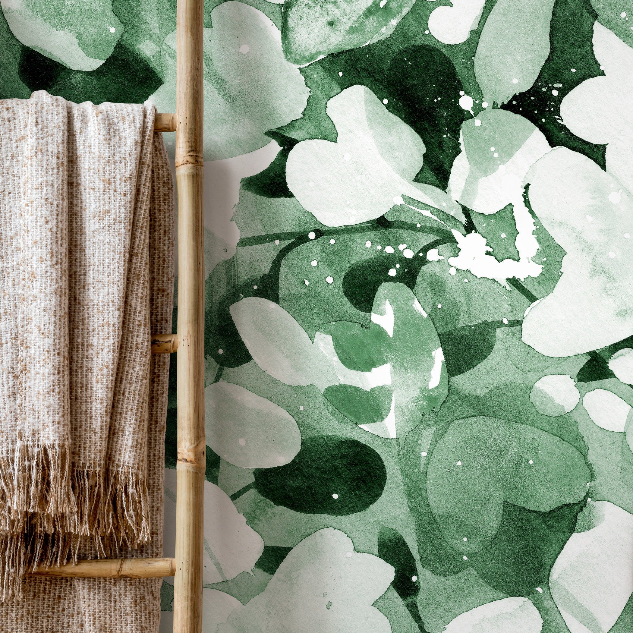 Watercolor Wallpaper With Abstract Botanical Leaves In Green And White - X152