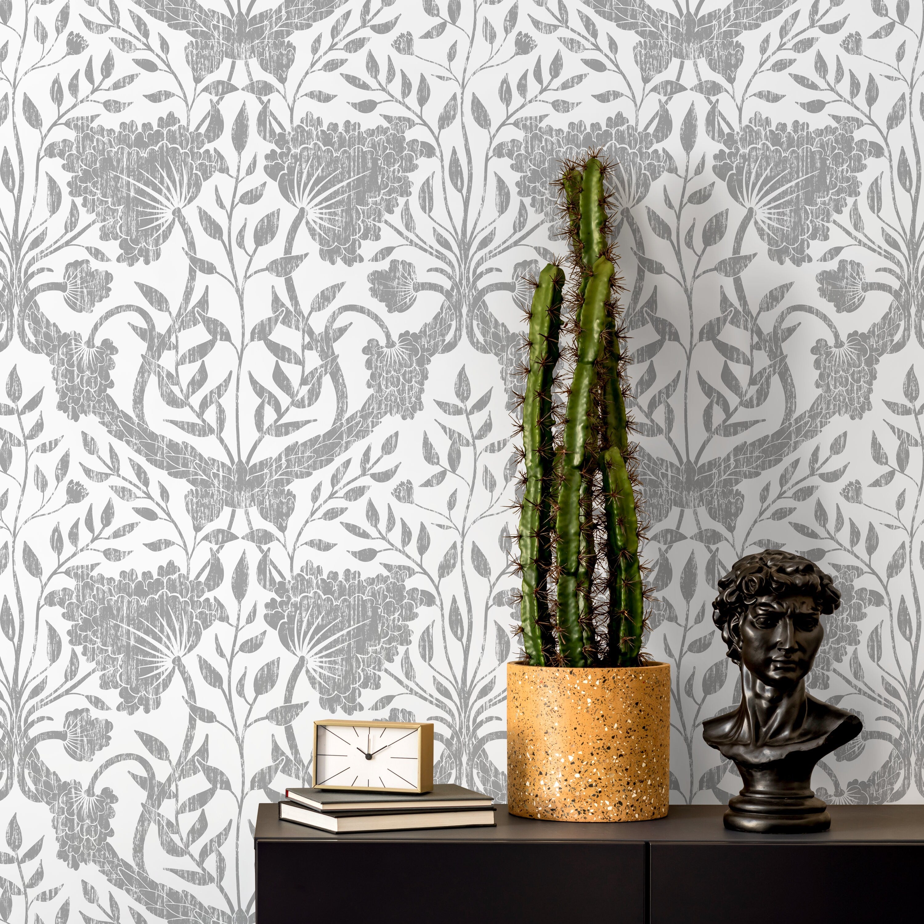Floral Damask Wallpaper With A Distressed Motif In Grey - X169