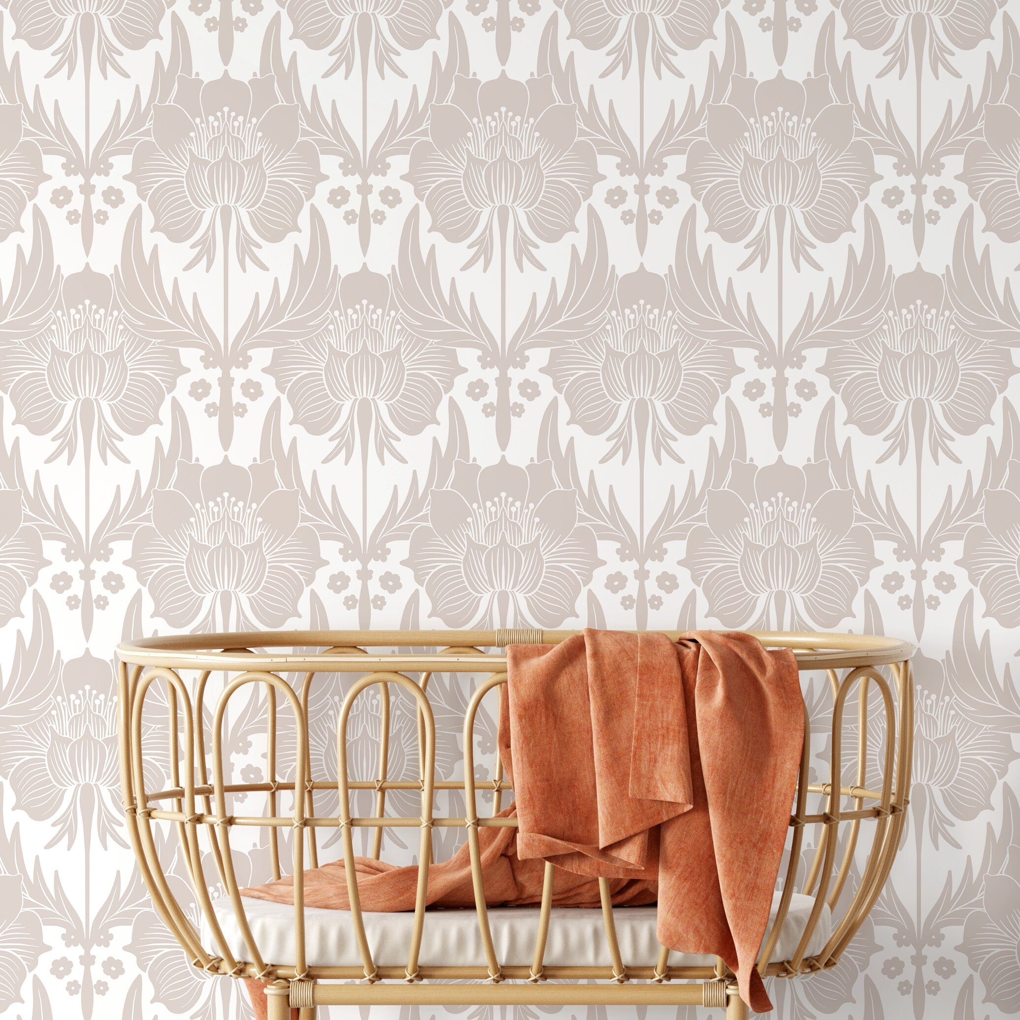 Floral Wallpaper With A Stylized Damask Motif In Neutral Beige - X170