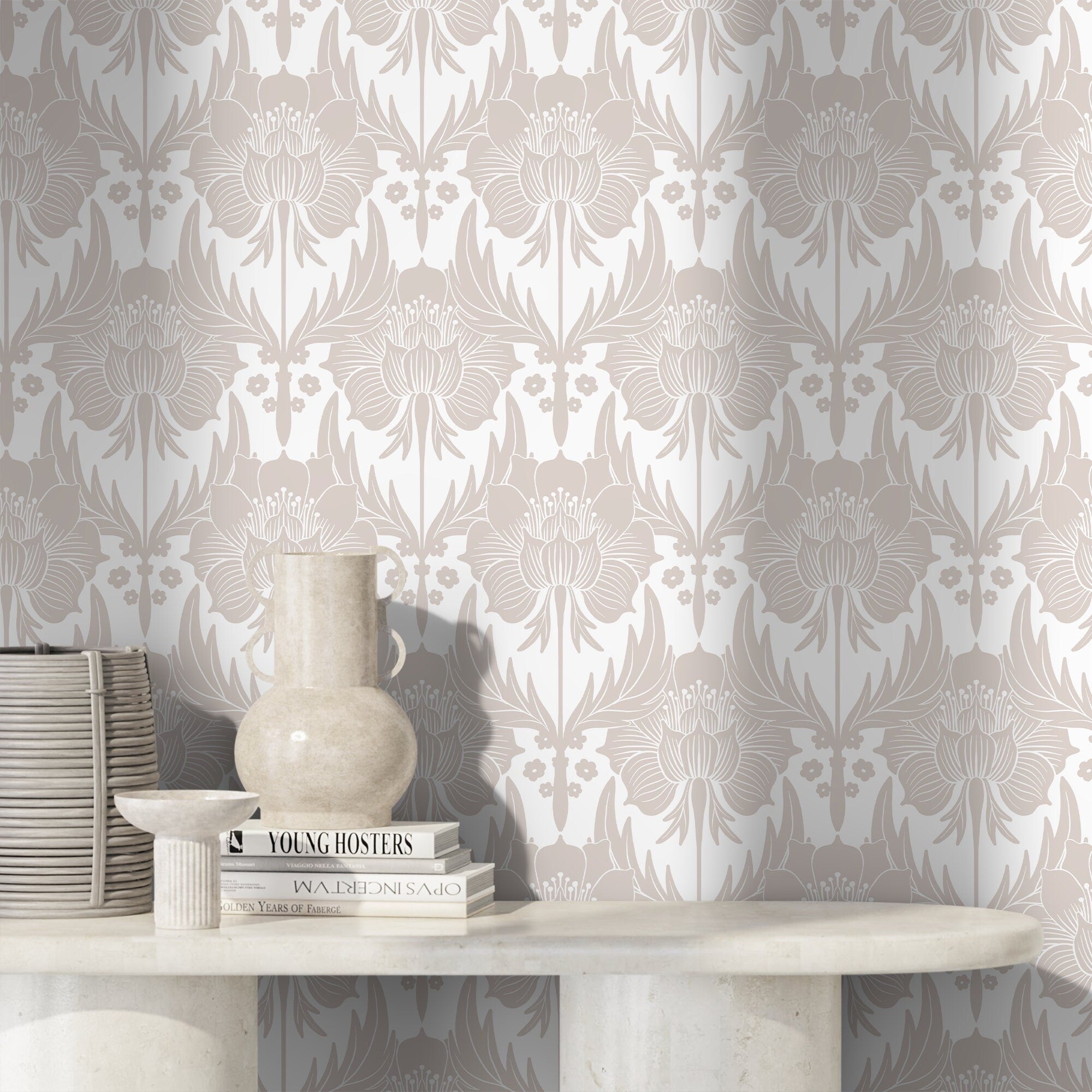 Floral Wallpaper With A Stylized Damask Motif In Neutral Beige - X170