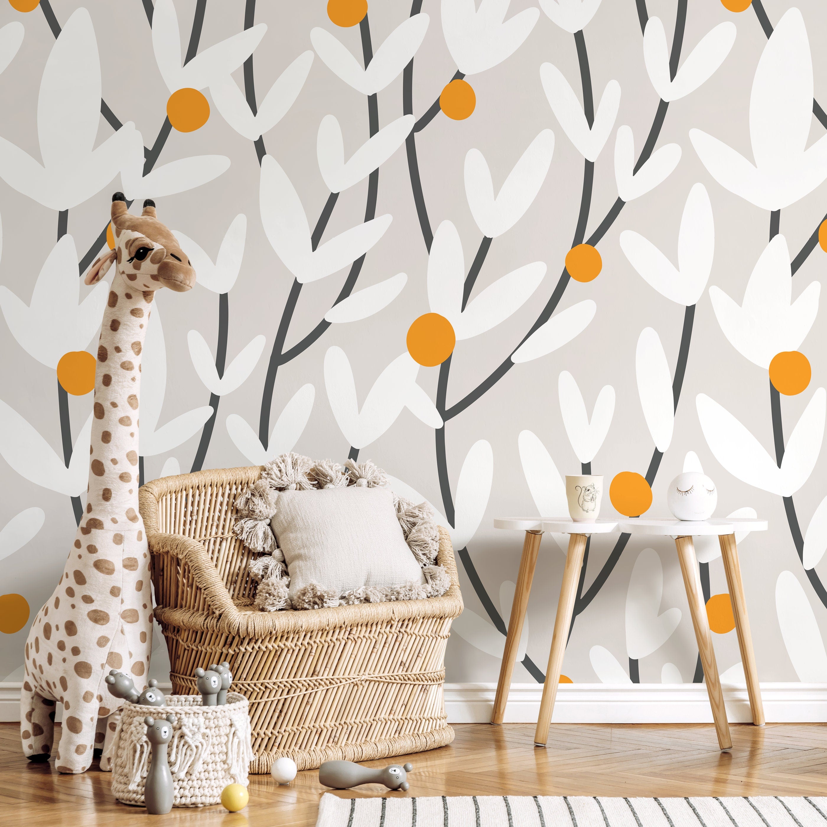 Floral Wallpaper With Abstract Blooms In Orange, White, And Charcoal - X178