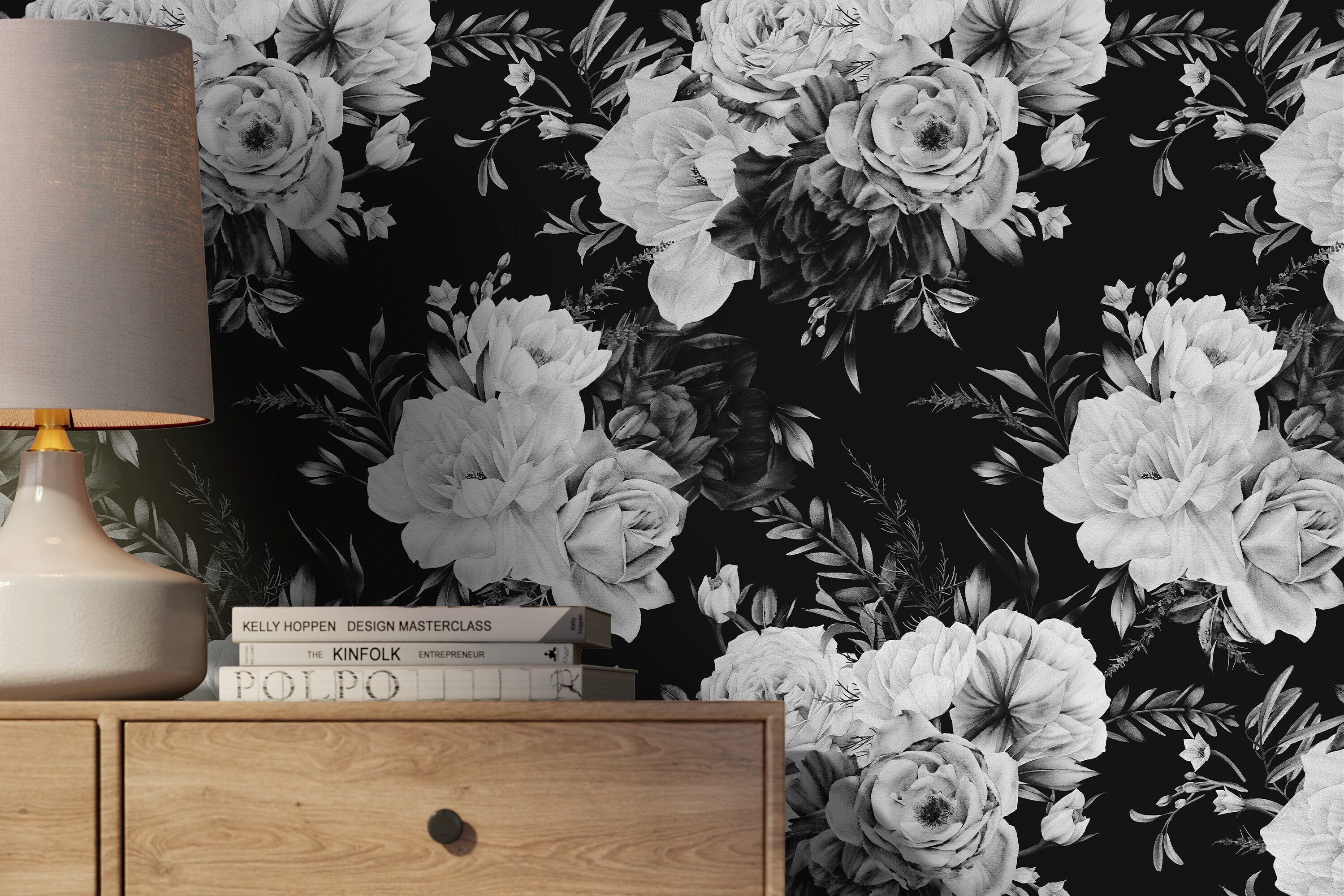 Floral Wallpaper With Moody Rose Bouquets In Black, White, And Gray - D544