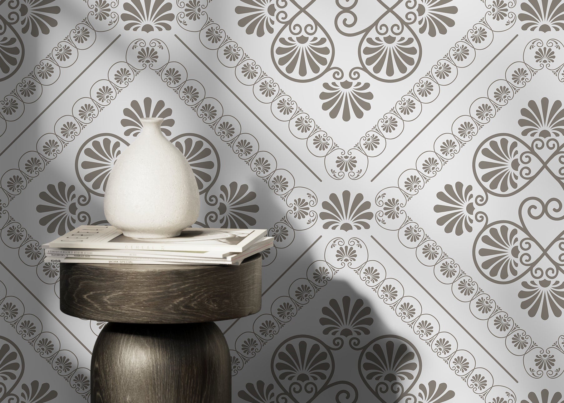 Classical Tile Wallpaper With Greco-roman Palmettes In Beige And Grey - D134