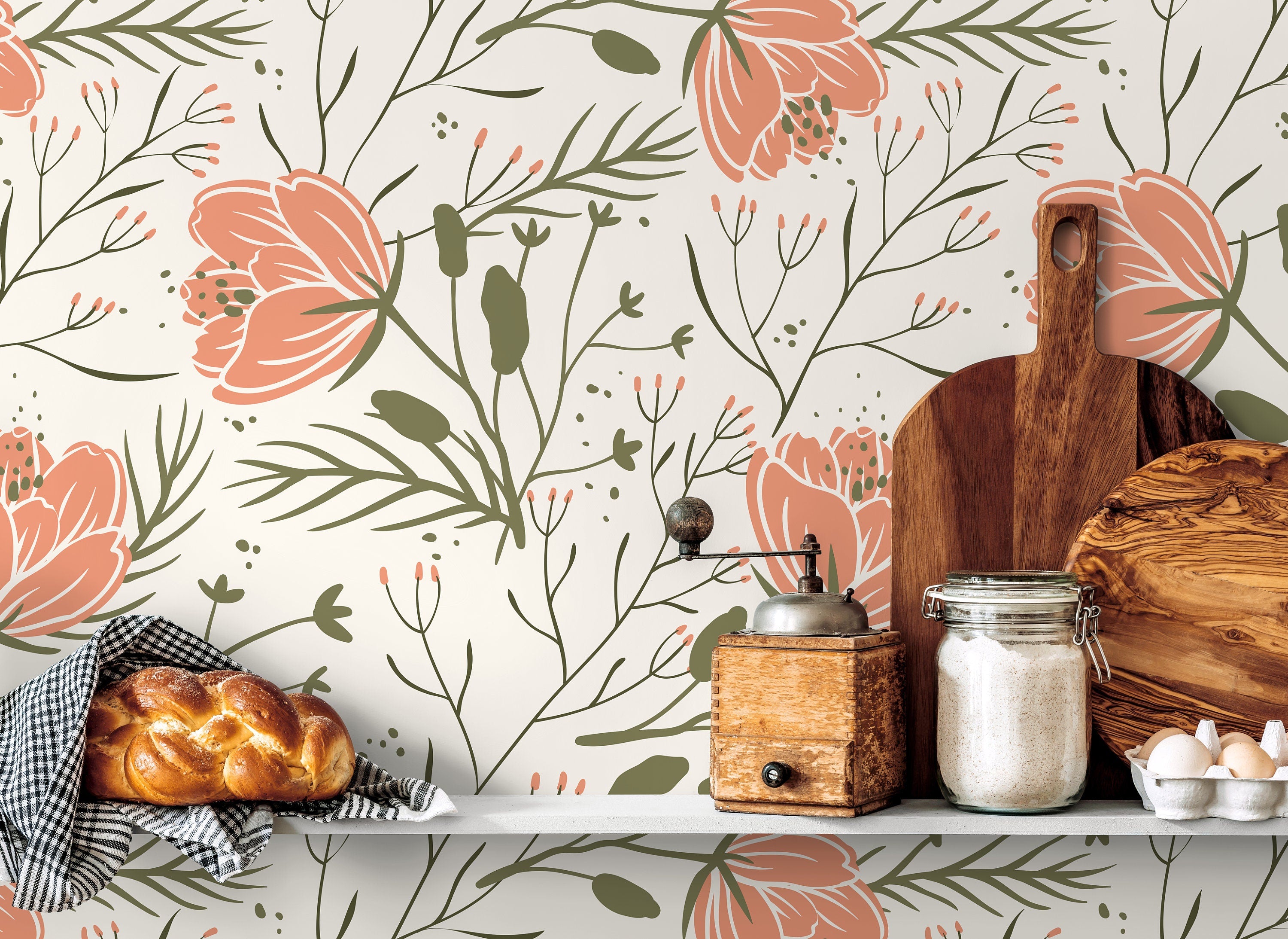 Floral Wallpaper With A Scandinavian Botanical Motif In Coral And Green - D148