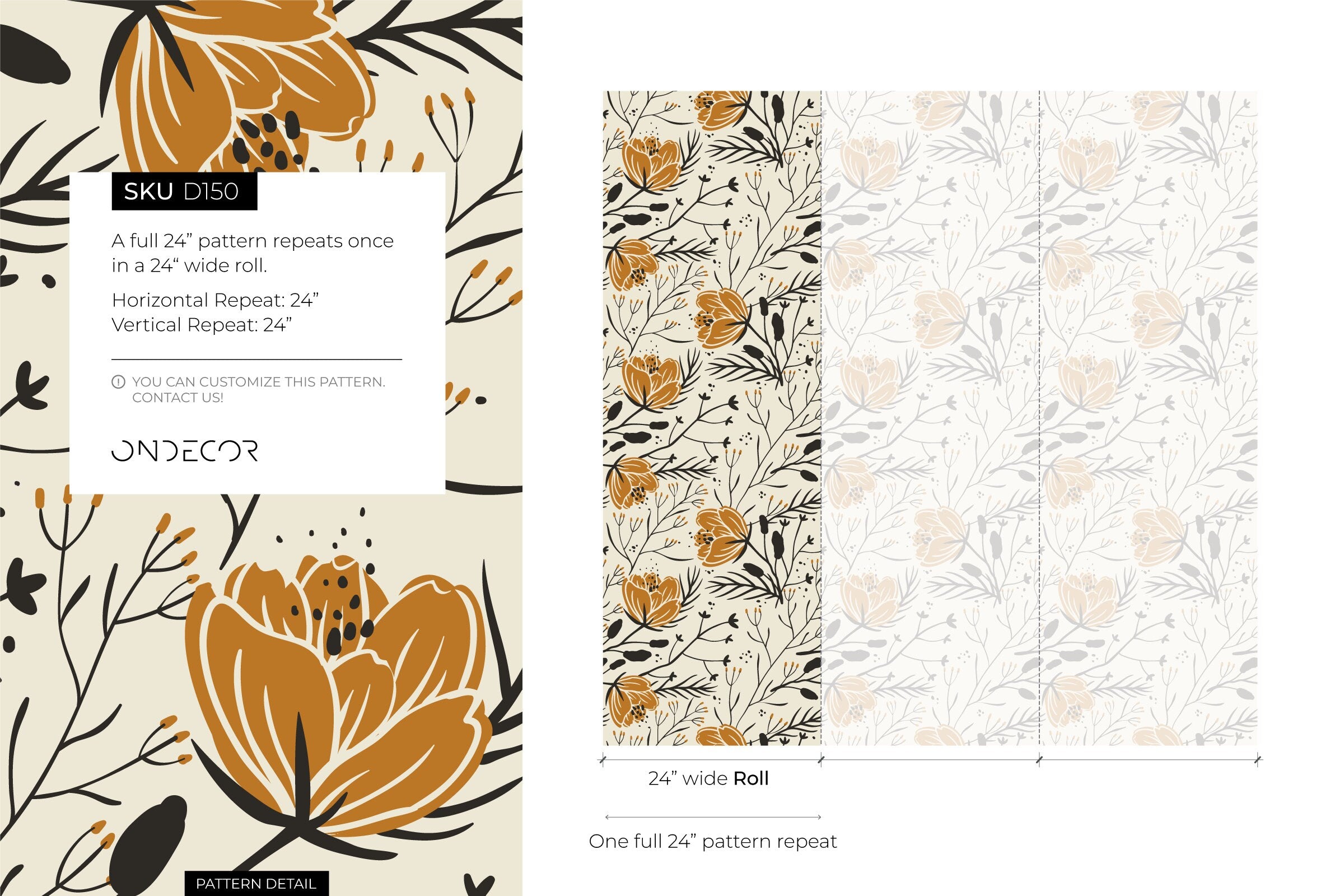Floral Wallpaper Featuring Boho Wildflowers In Ochre And Black - D150