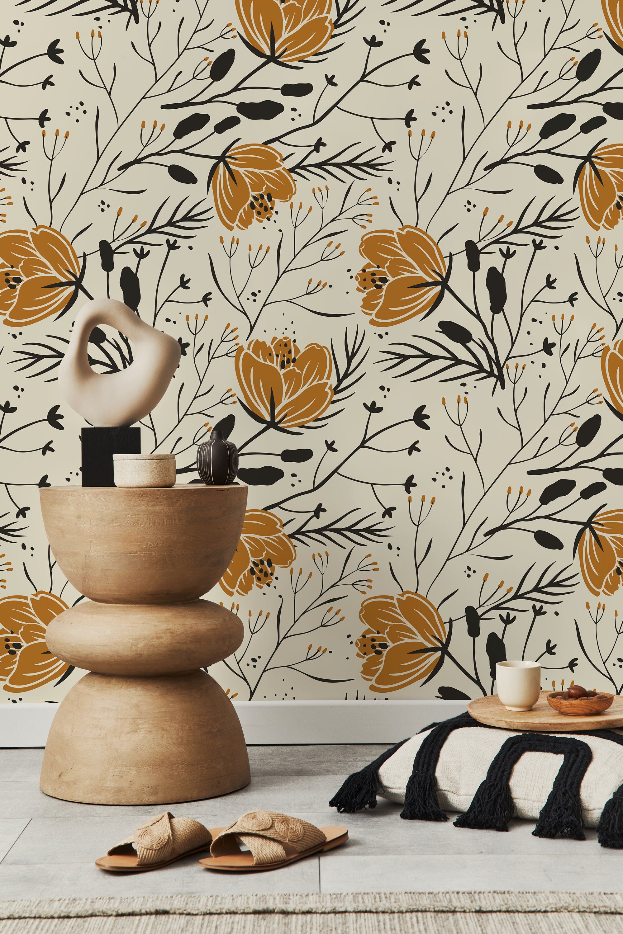 Floral Wallpaper Featuring Boho Wildflowers In Ochre And Black - D150