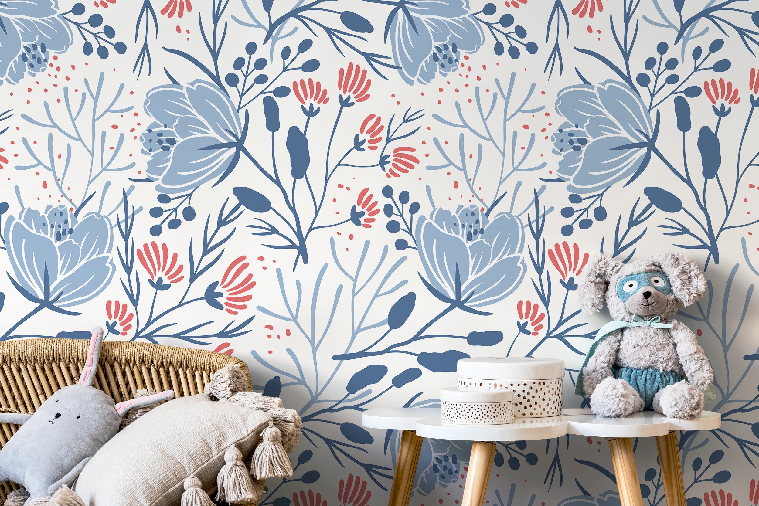 Scandinavian Wallpaper With A Folk Art Floral Motif In Blue And Red - D151