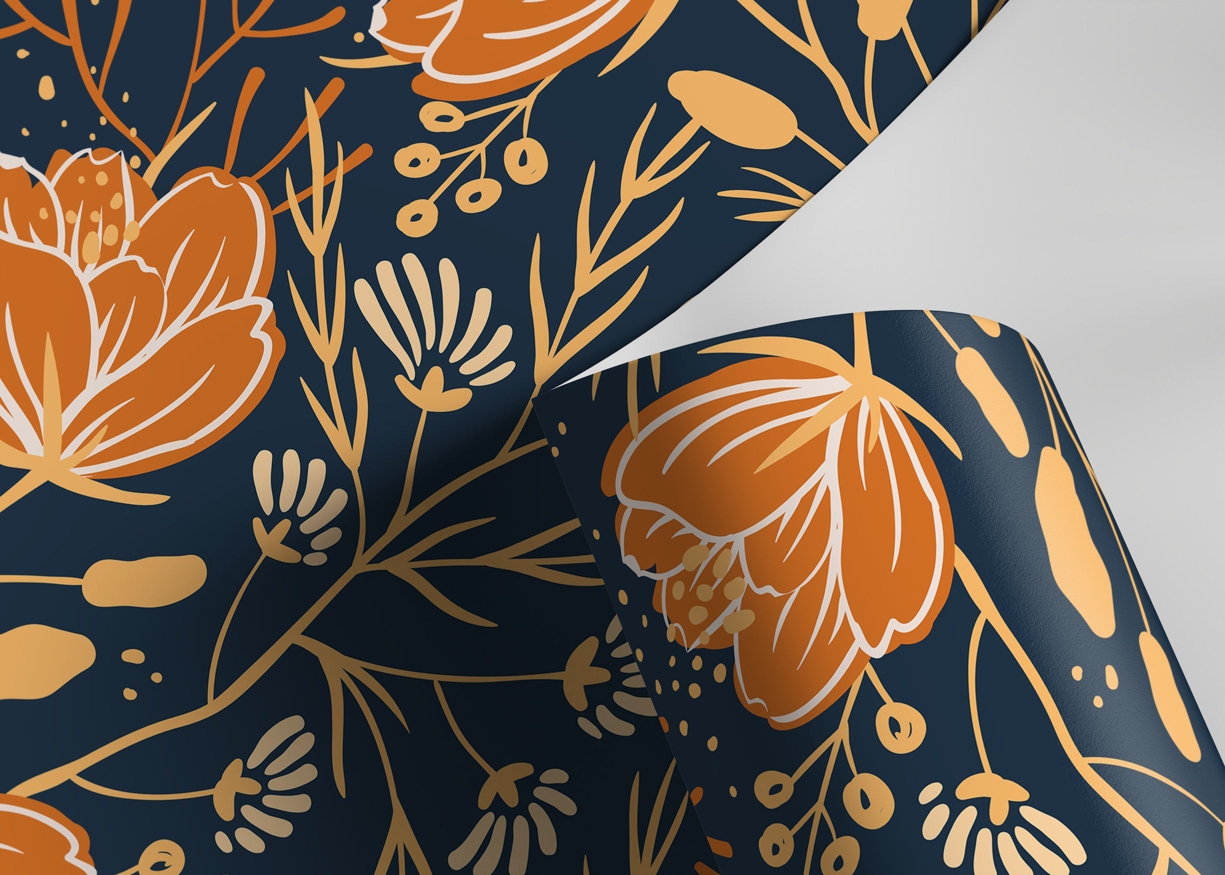 Floral Wallpaper With A Folk Art Motif In Navy Blue, Orange, And Cream - D152