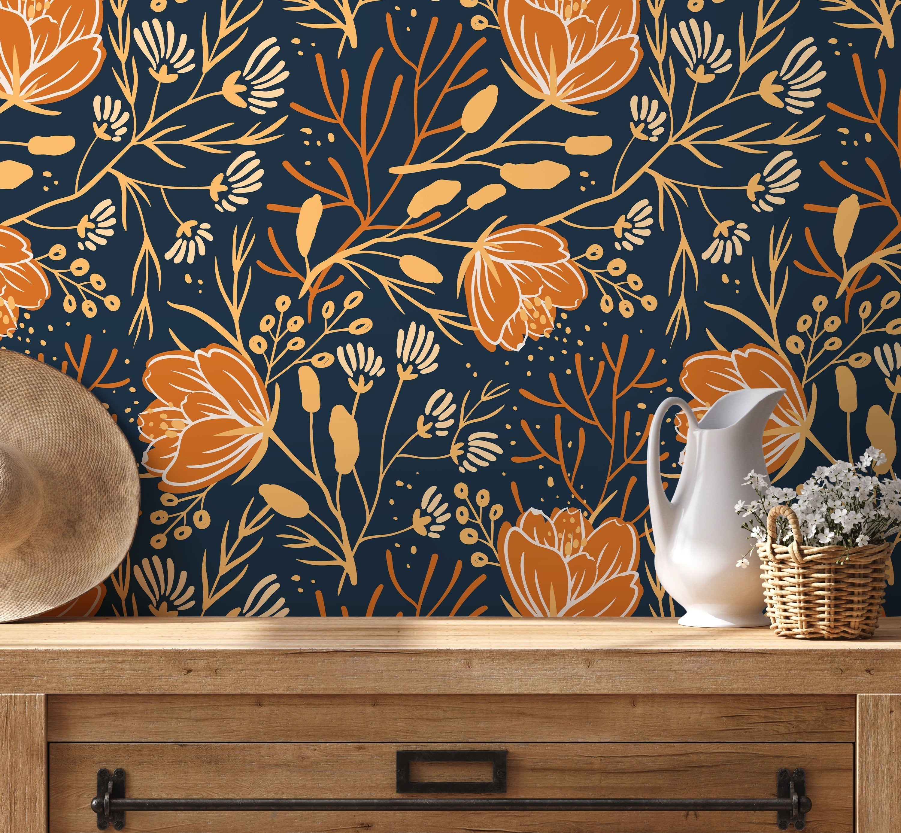 Floral Wallpaper With A Folk Art Motif In Navy Blue, Orange, And Cream - D152