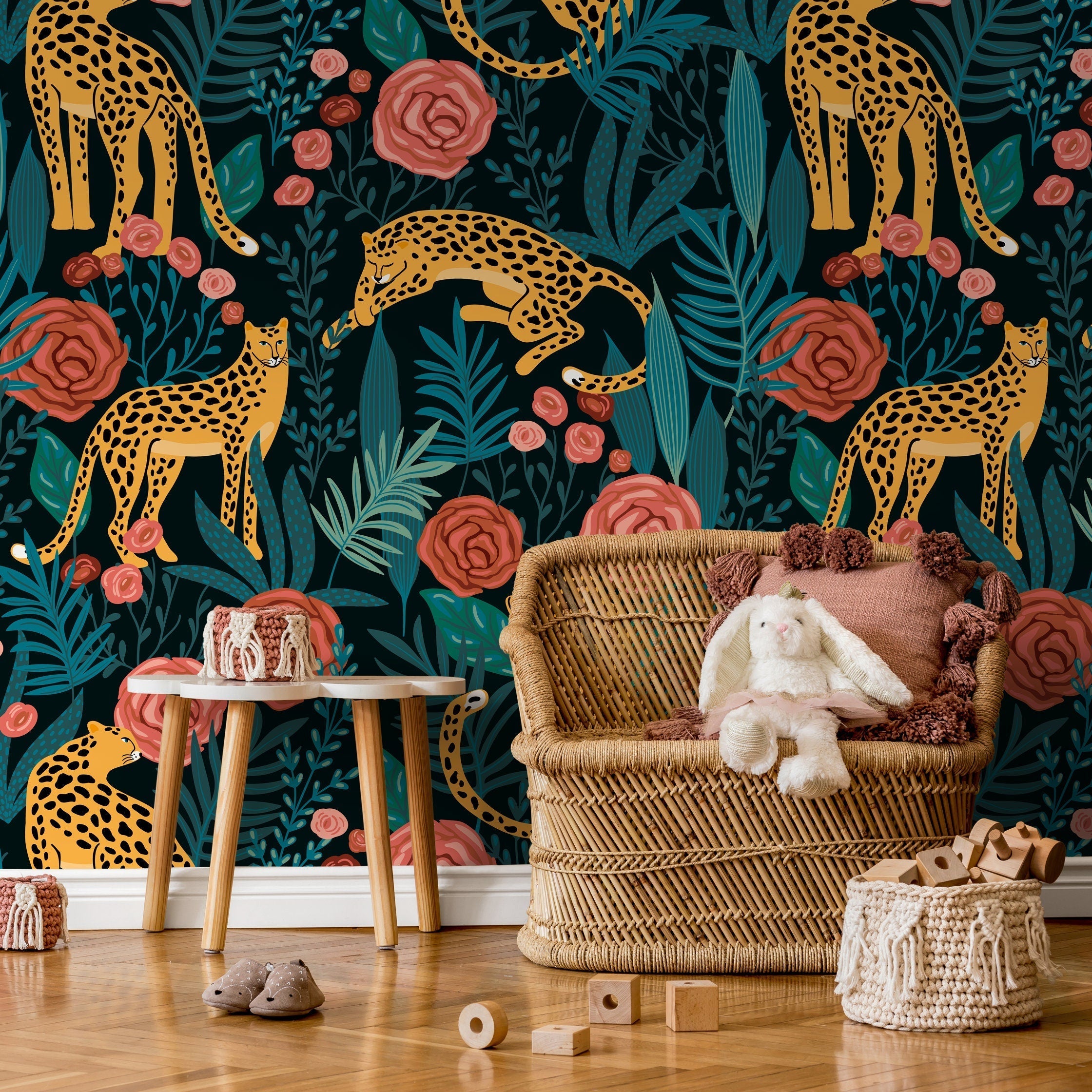 Animal Wallpaper Featuring Jungle Tigers And Roses In Pink, Yellow, And Teal - D155