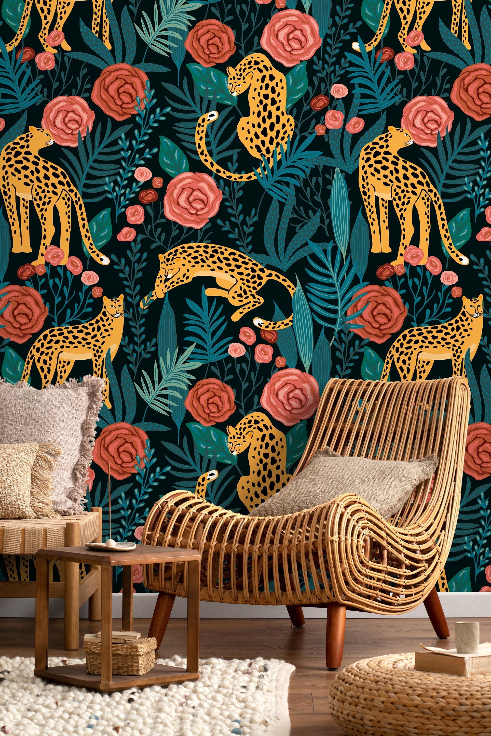 Animal Wallpaper Featuring Jungle Tigers And Roses In Pink, Yellow, And Teal - D155