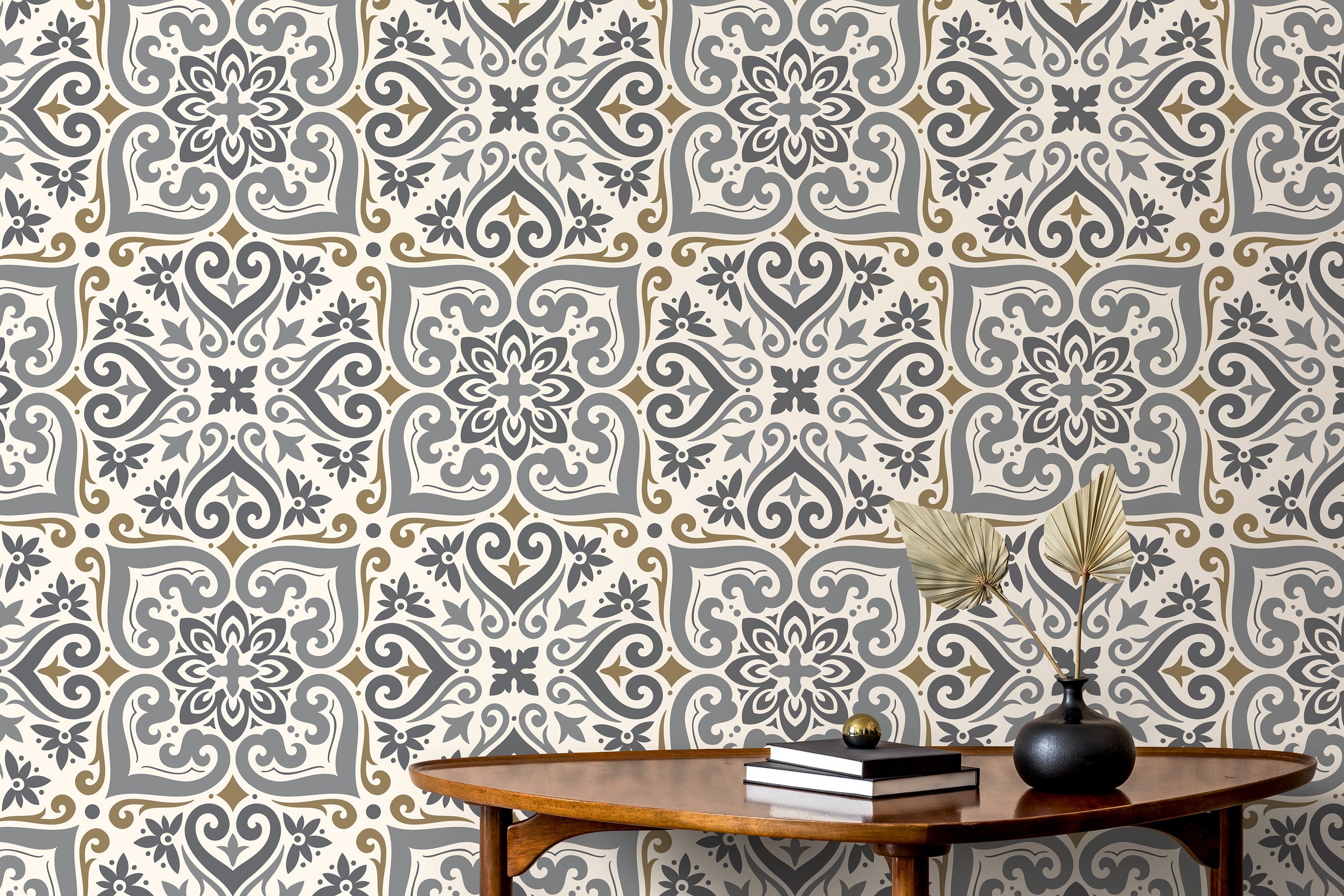 Moroccan Tile Wallpaper With An Intricate Motif In Grey And Taupe - D164