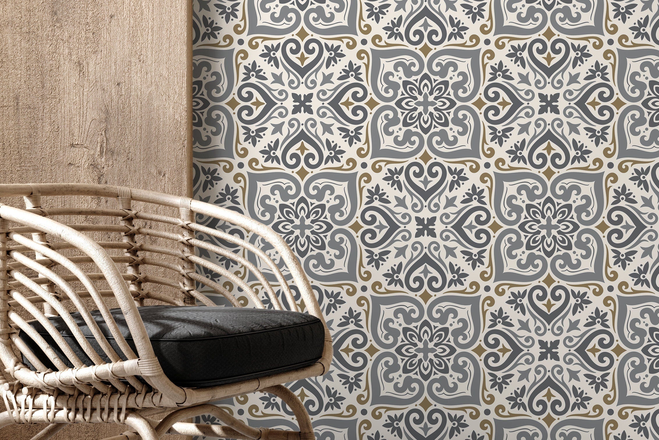 Moroccan Tile Wallpaper With An Intricate Motif In Grey And Taupe - D164
