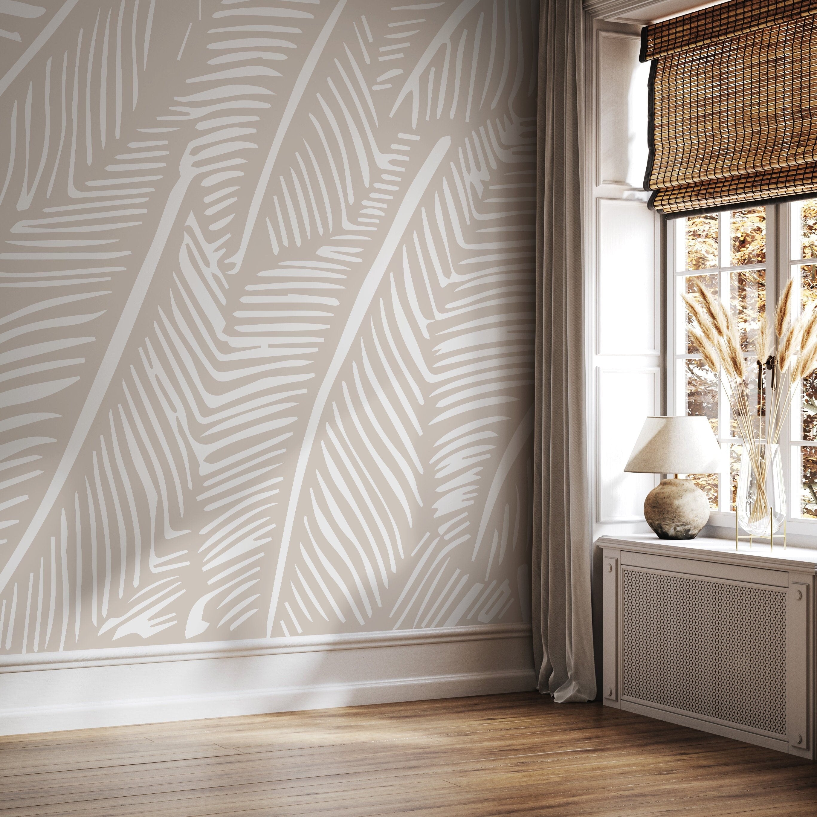 Botanical Wallpaper With A Stylized Leaf Motif In Beige And White - B965