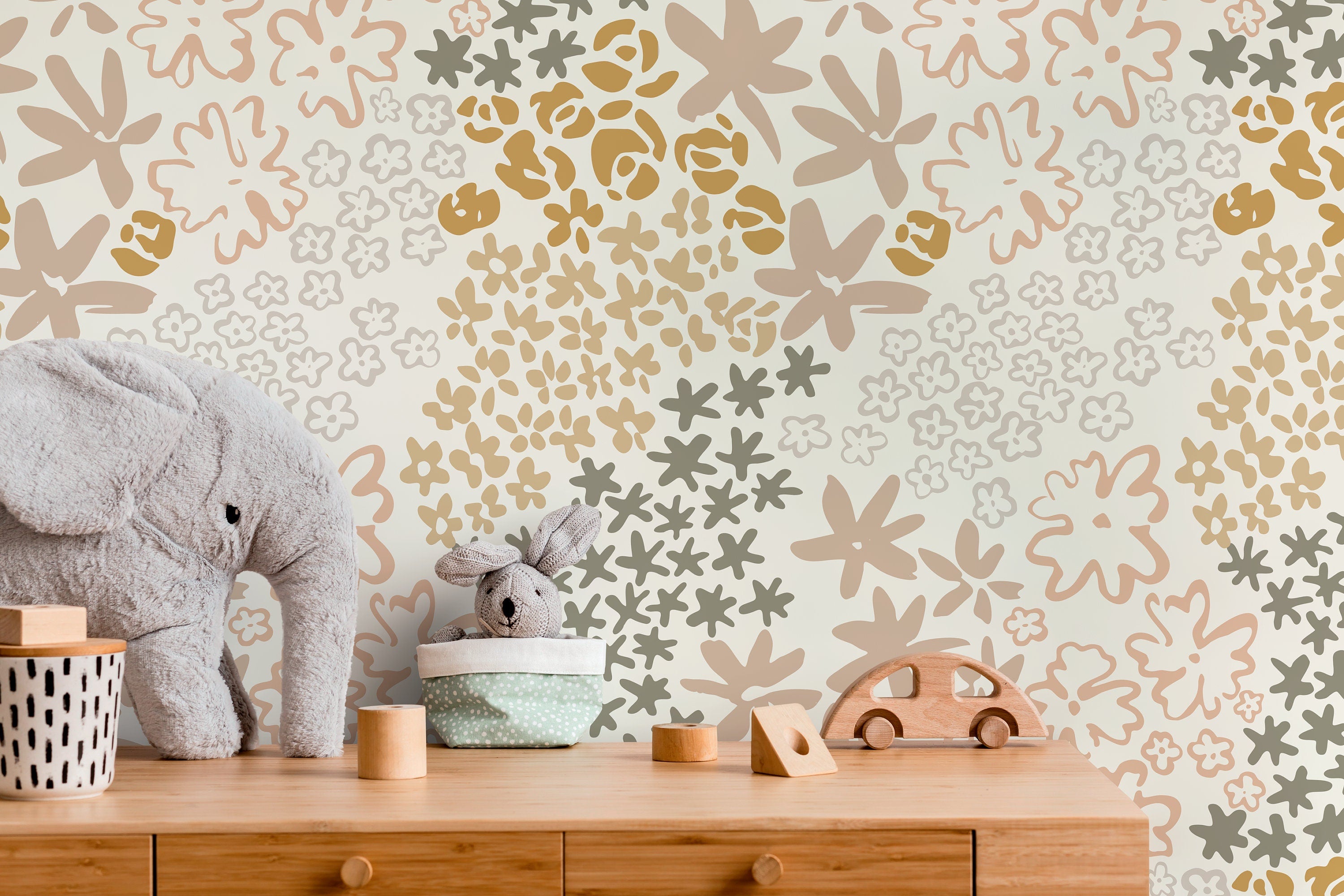 Floral Wallpaper With Stylized Blooms In Gold, Mauve, And Sage - D167