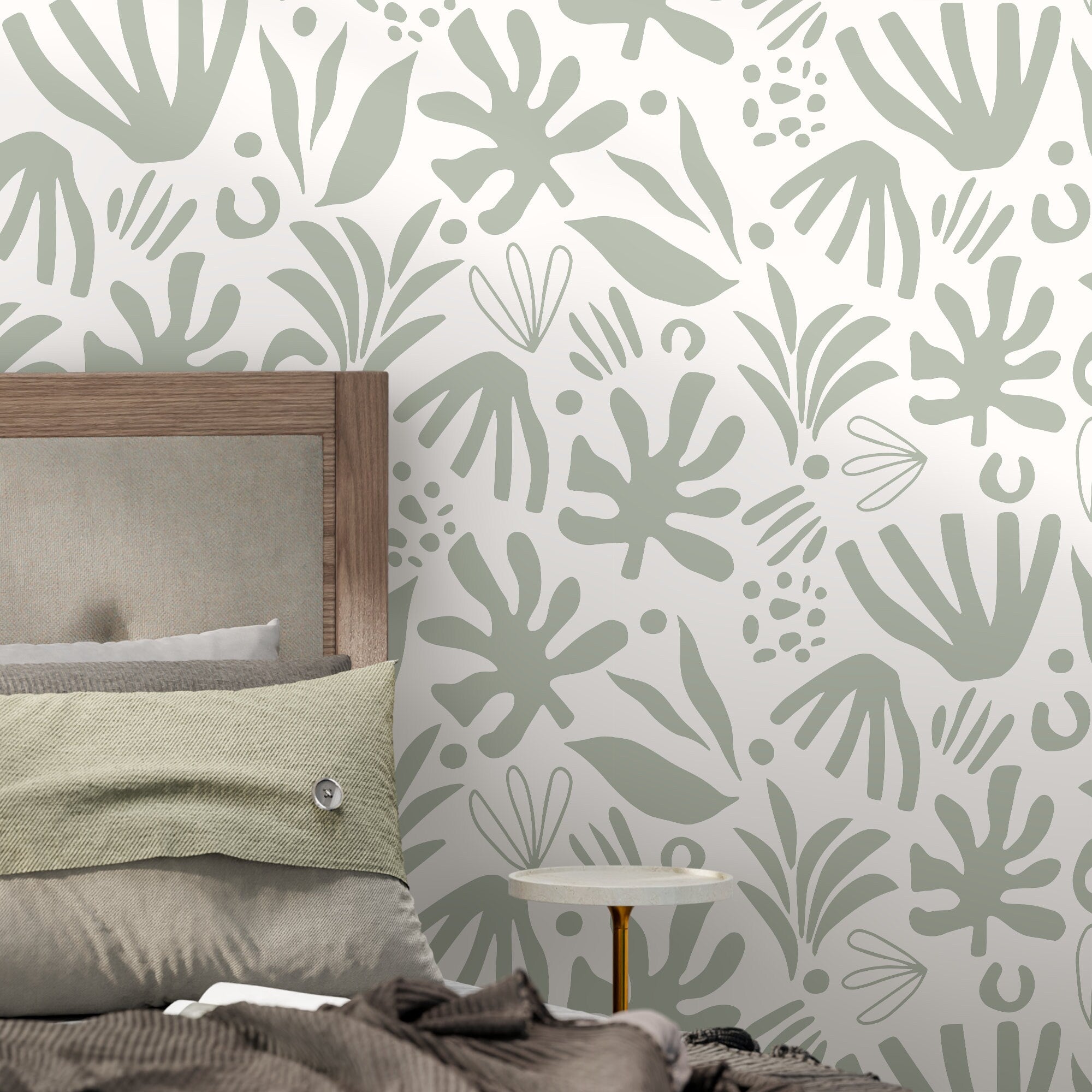 Abstract Wallpaper With A Boho Leaf Motif In Light Green - D681