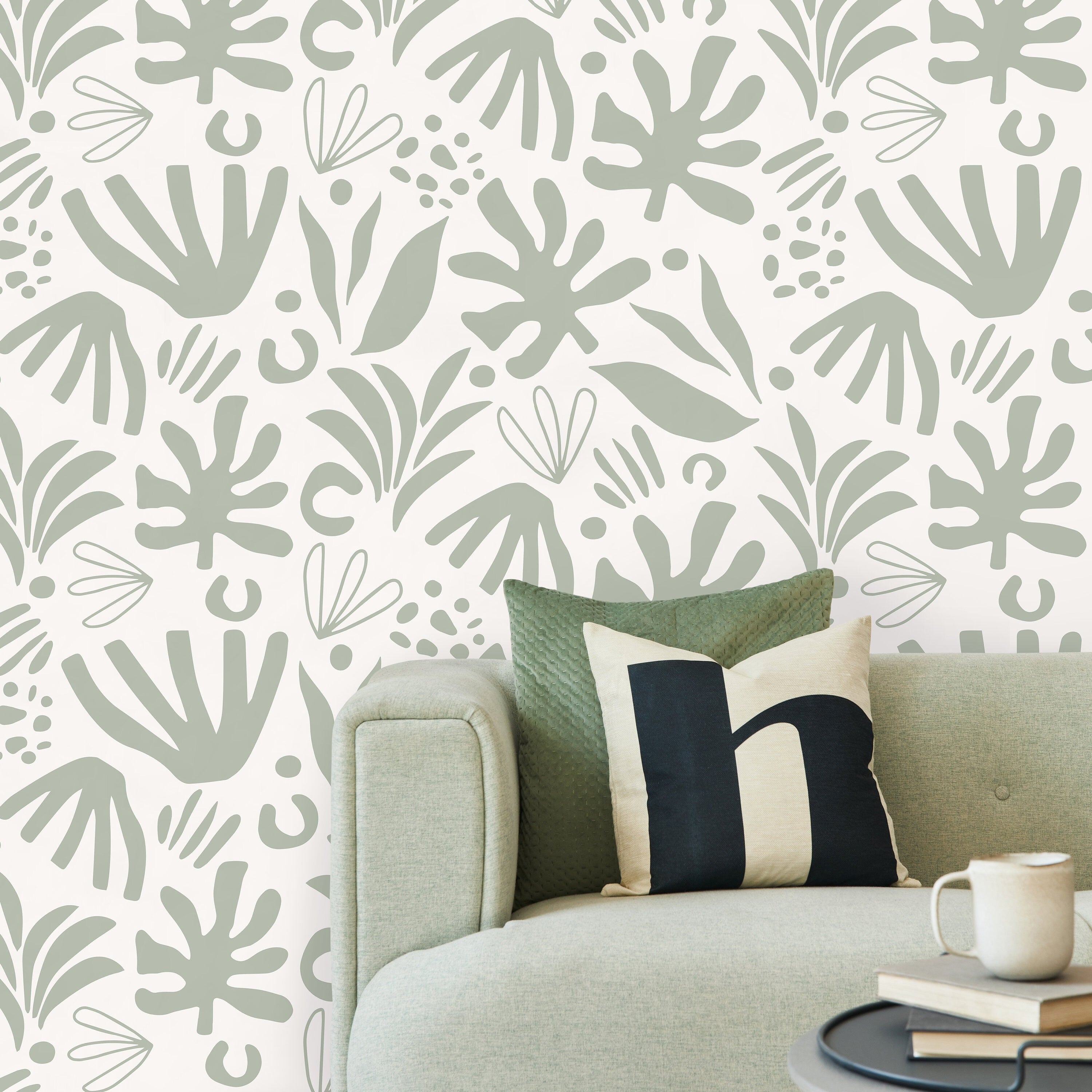 Abstract Wallpaper With A Boho Leaf Motif In Light Green - D681