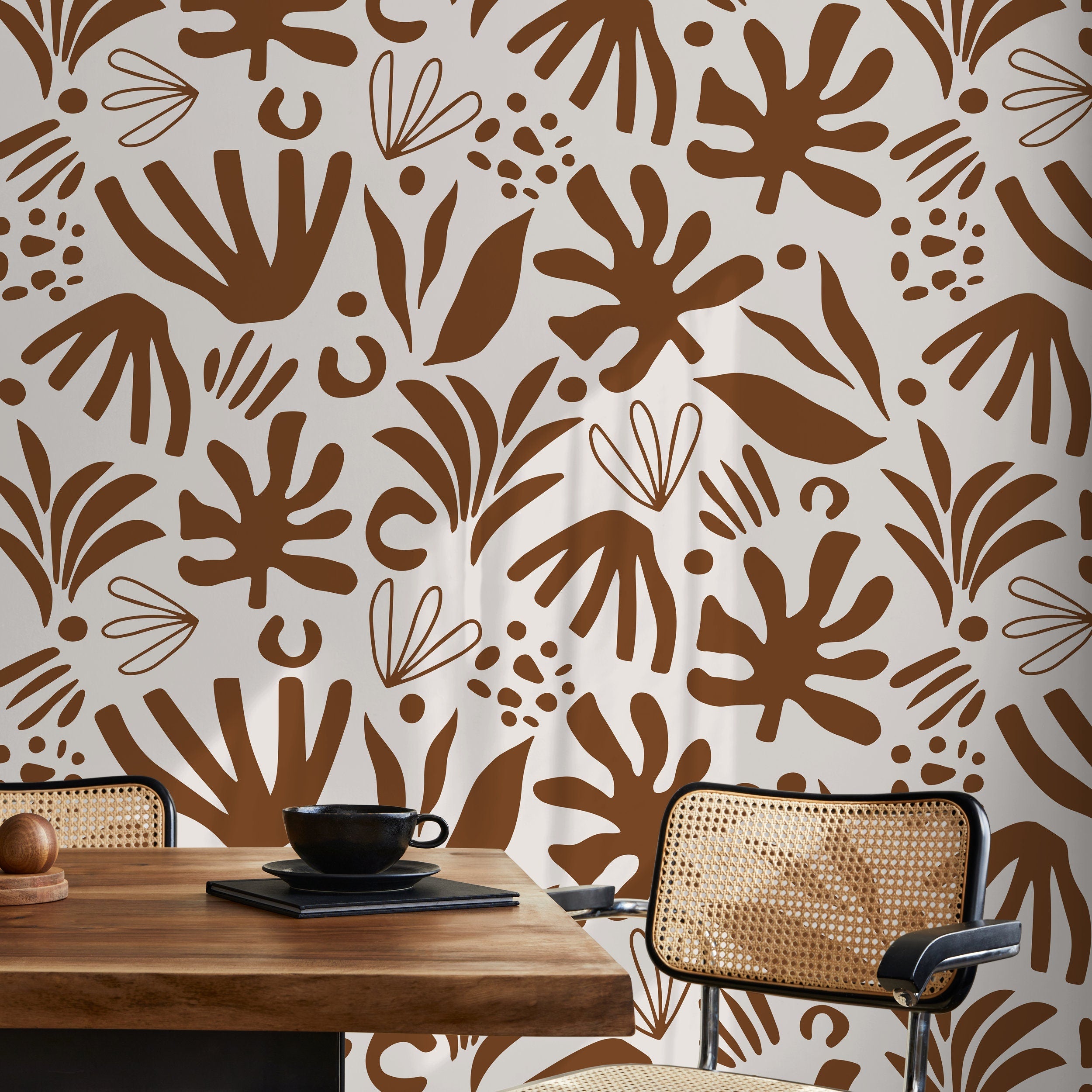 Abstract Wallpaper Featuring Bold Botanical Forms In Brown - D682