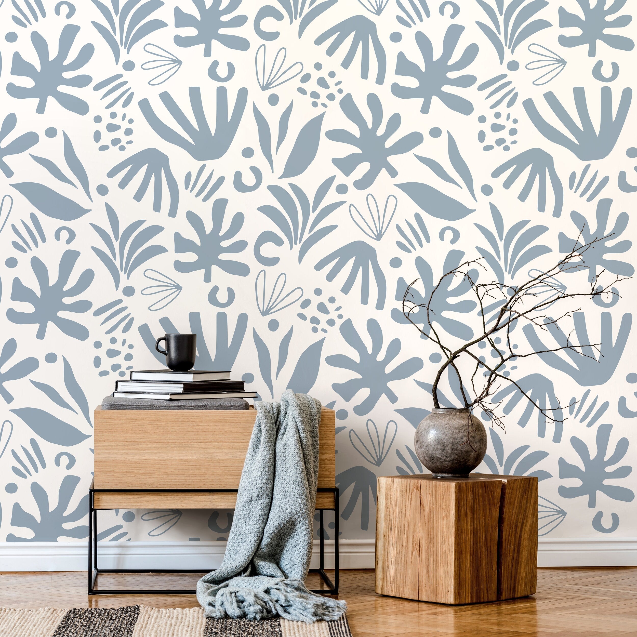 Abstract Wallpaper Featuring Leaf Cutouts In Light Blue - D683
