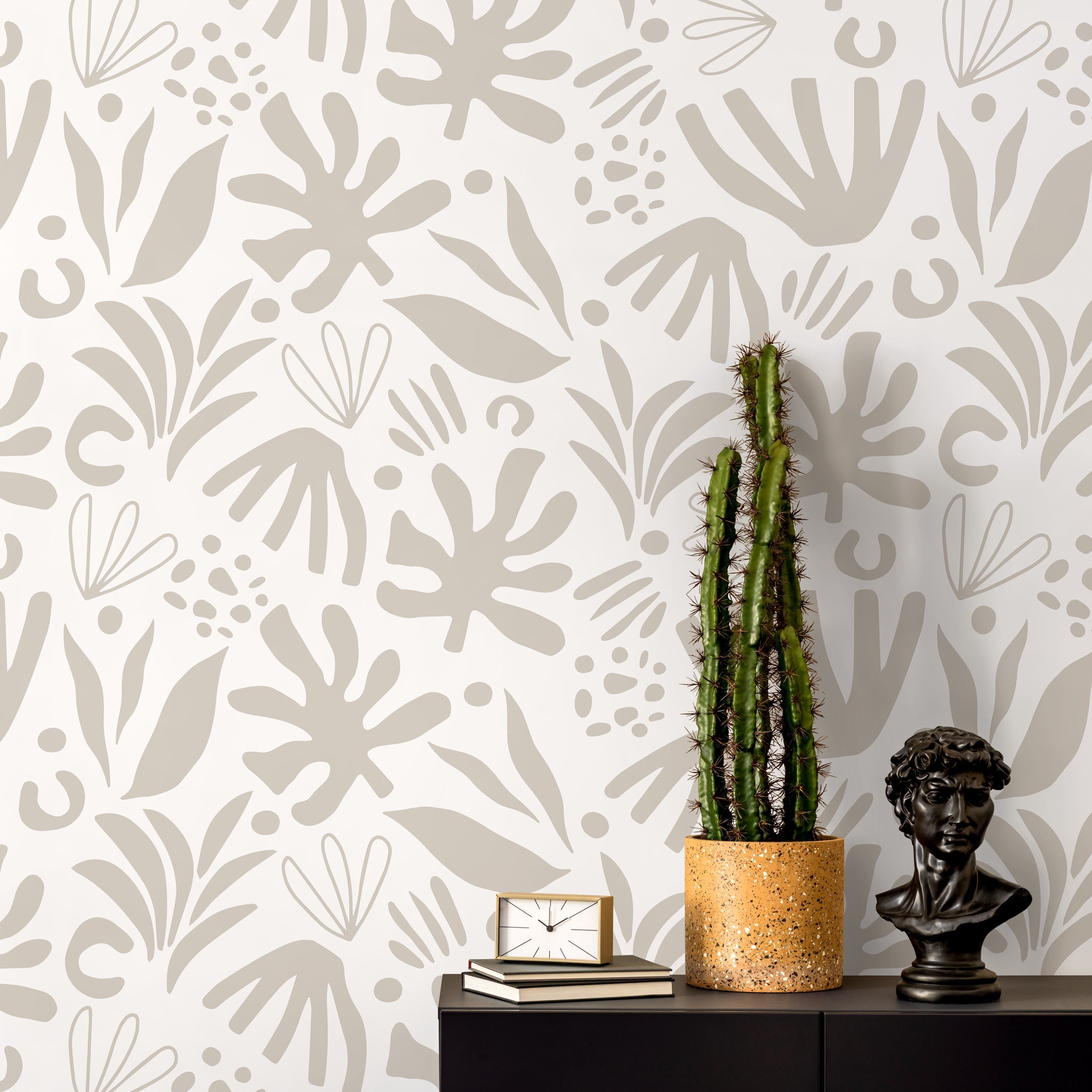 Abstract Wallpaper With Botanical Cutouts In Neutral Beige - D685