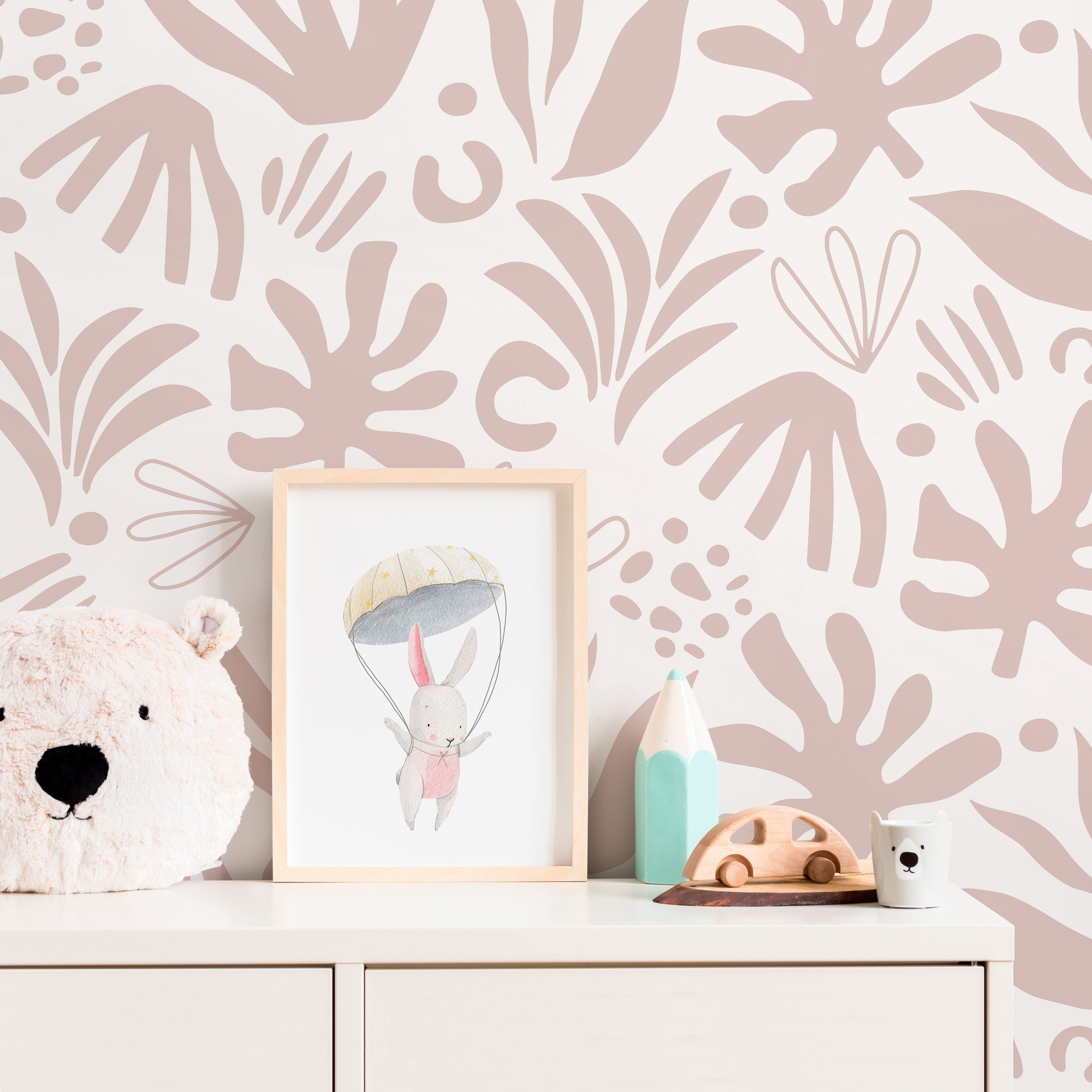 Abstract Wallpaper With Botanical Cutout Shapes In Pink - D686