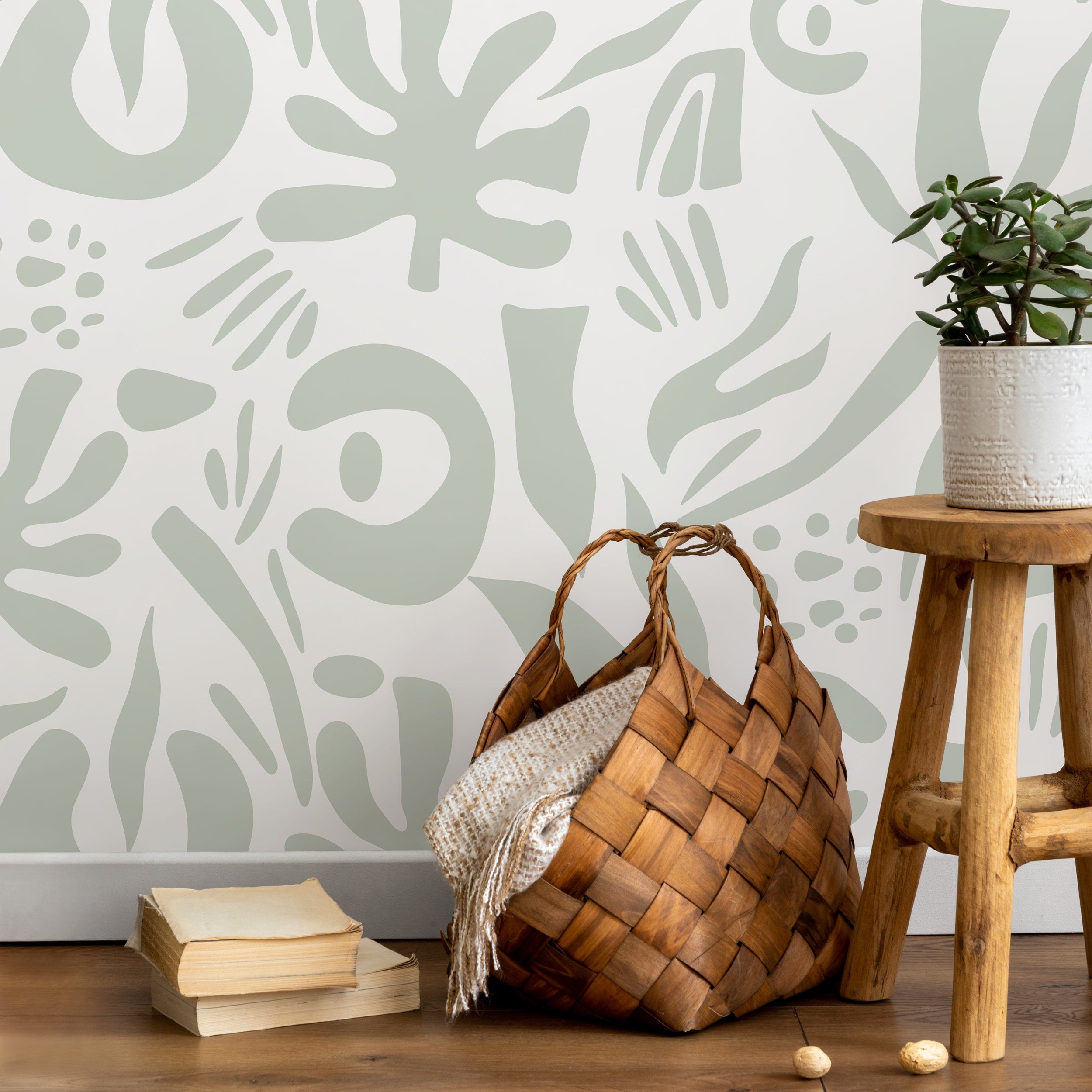 Abstract Wallpaper With Organic Leaf Shapes In Mint Green - D687