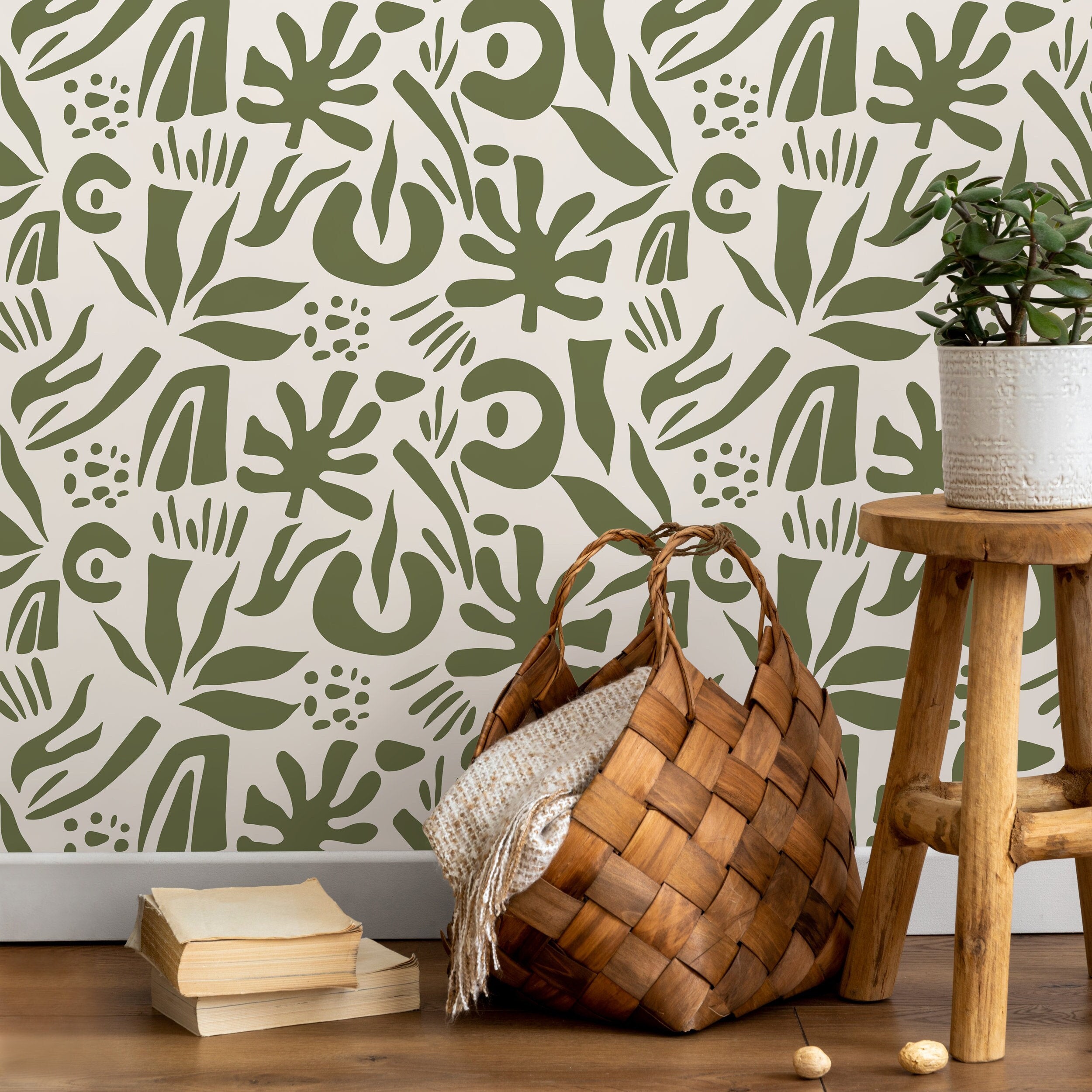 Abstract Wallpaper With Boho Botanical Cut-outs In Green - D690