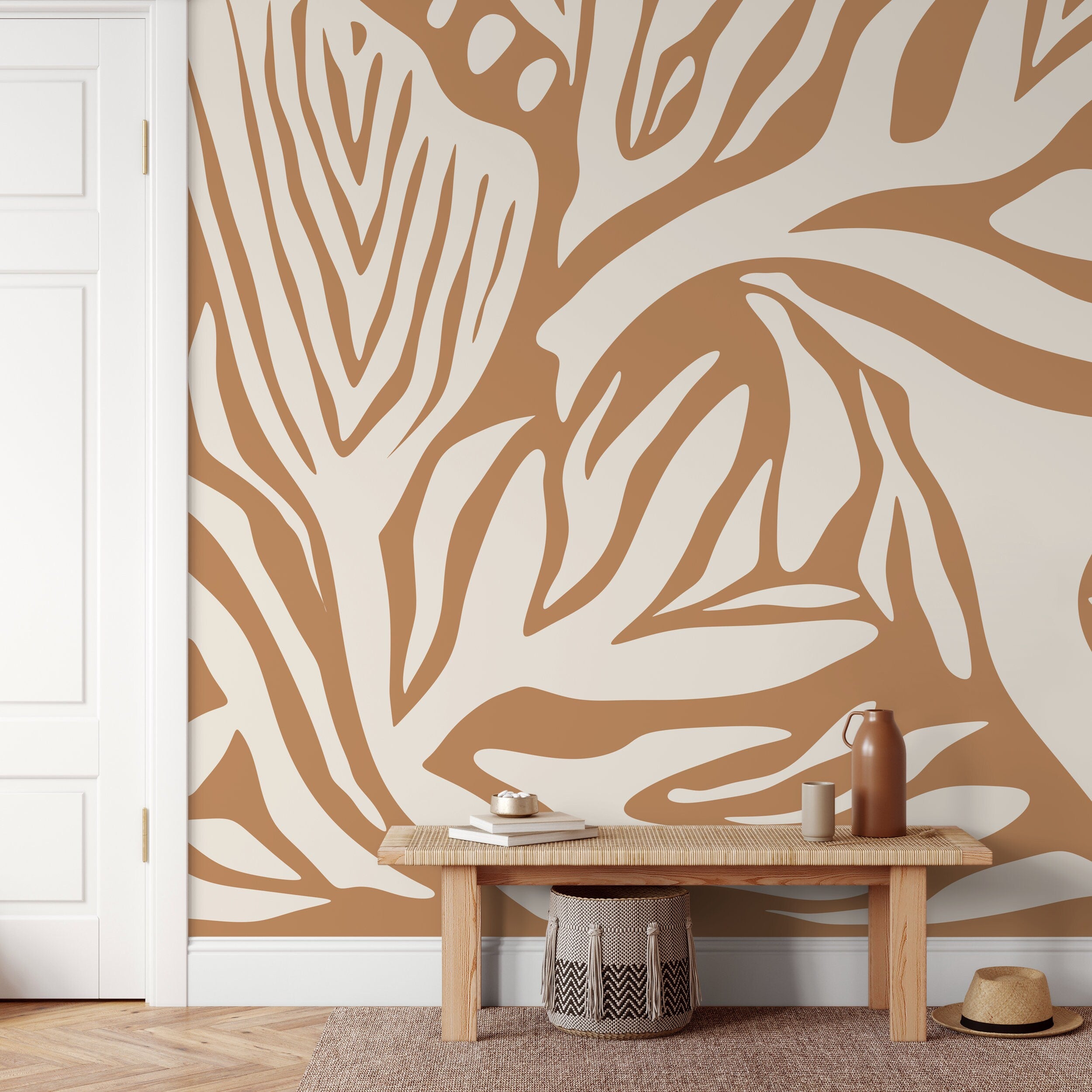 Abstract Wallpaper With A Bold Zebra Stripe Motif In Orange And Cream - D692