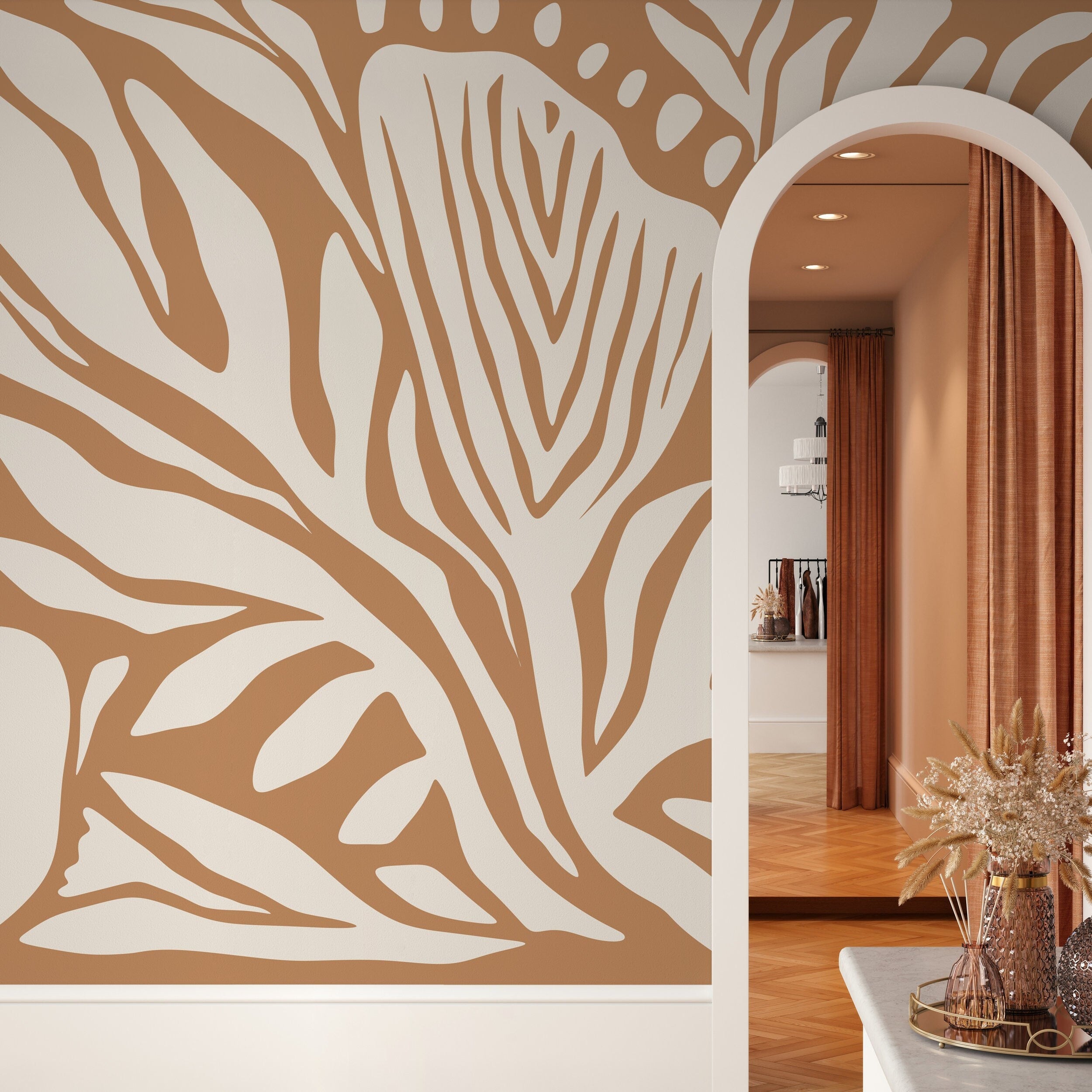 Abstract Wallpaper With A Bold Zebra Stripe Motif In Orange And Cream - D692