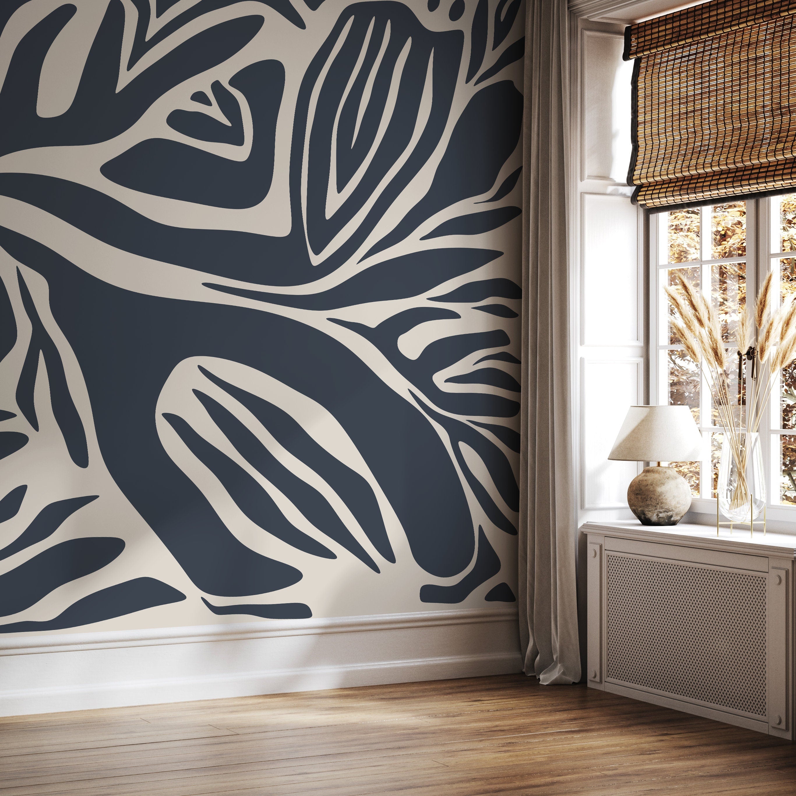 Abstract Wallpaper Featuring Bold Botanical Stripes In Gray Blue And Cream - D693