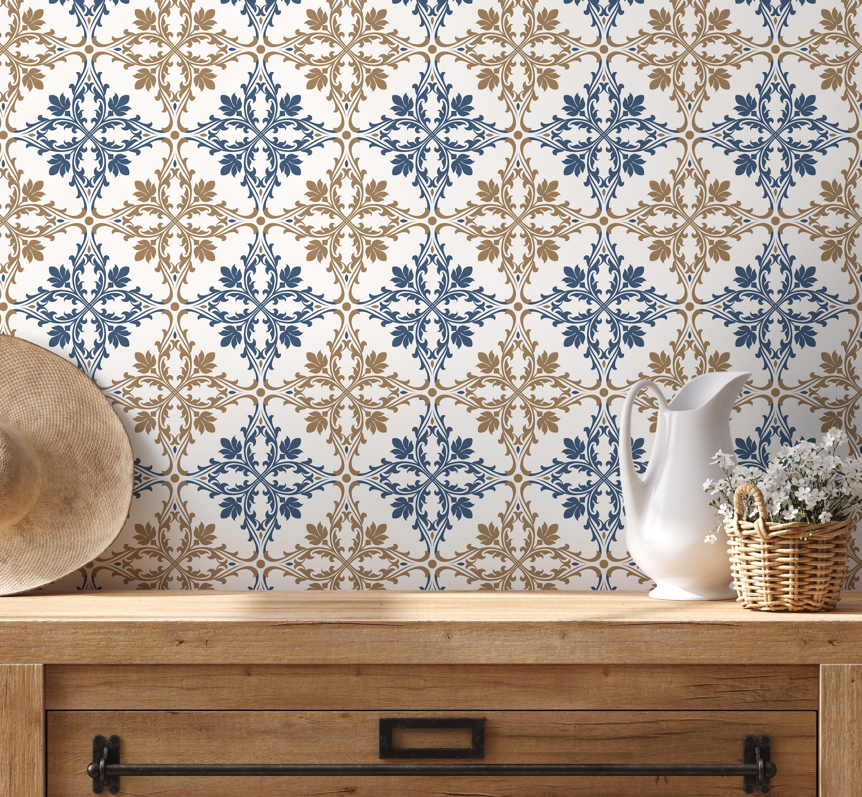 Tile Wallpaper With An Ornamental Damask Motif In Blue And Beige - D169