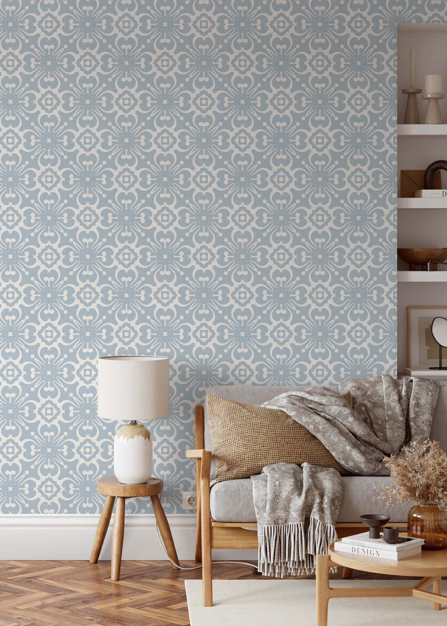 Tile Wallpaper With An Intricate Mediterranean Motif In Light Blue And Cream - D178
