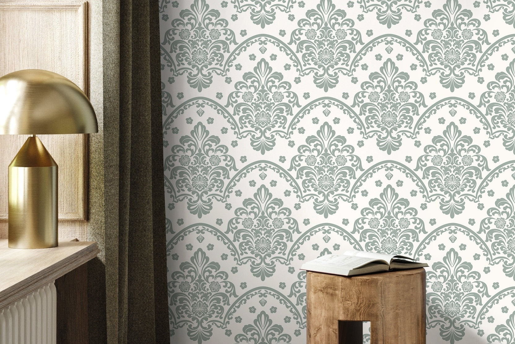 Vintage Wallpaper With An Ornate Scalloped Damask In Light Green - D196